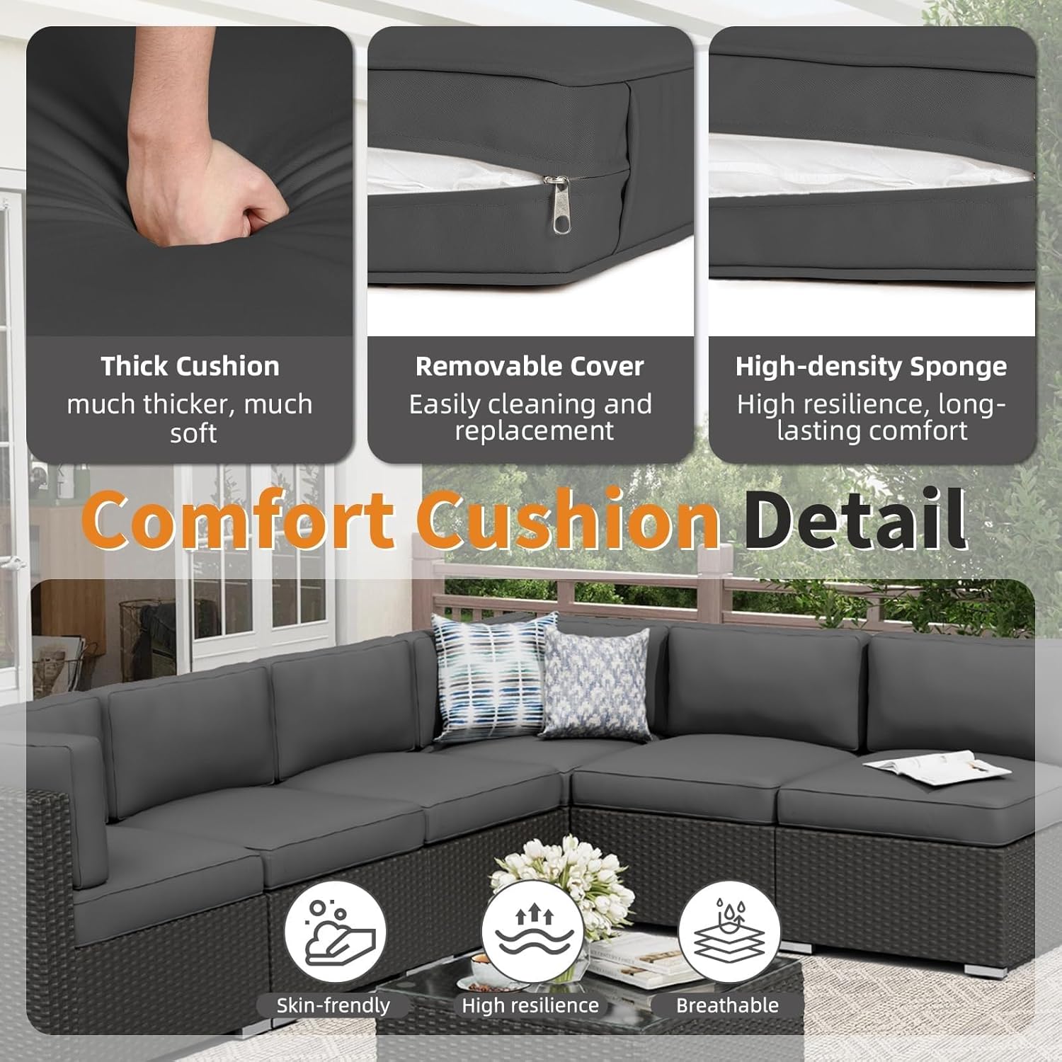 7-Piece Outdoor Black Rattan Wicker Sectional Conversation Sets with Cushions and Glass Top Table Patio Furniture Sofa Set for Backyard Porch Balcony Poolside(Khaki)