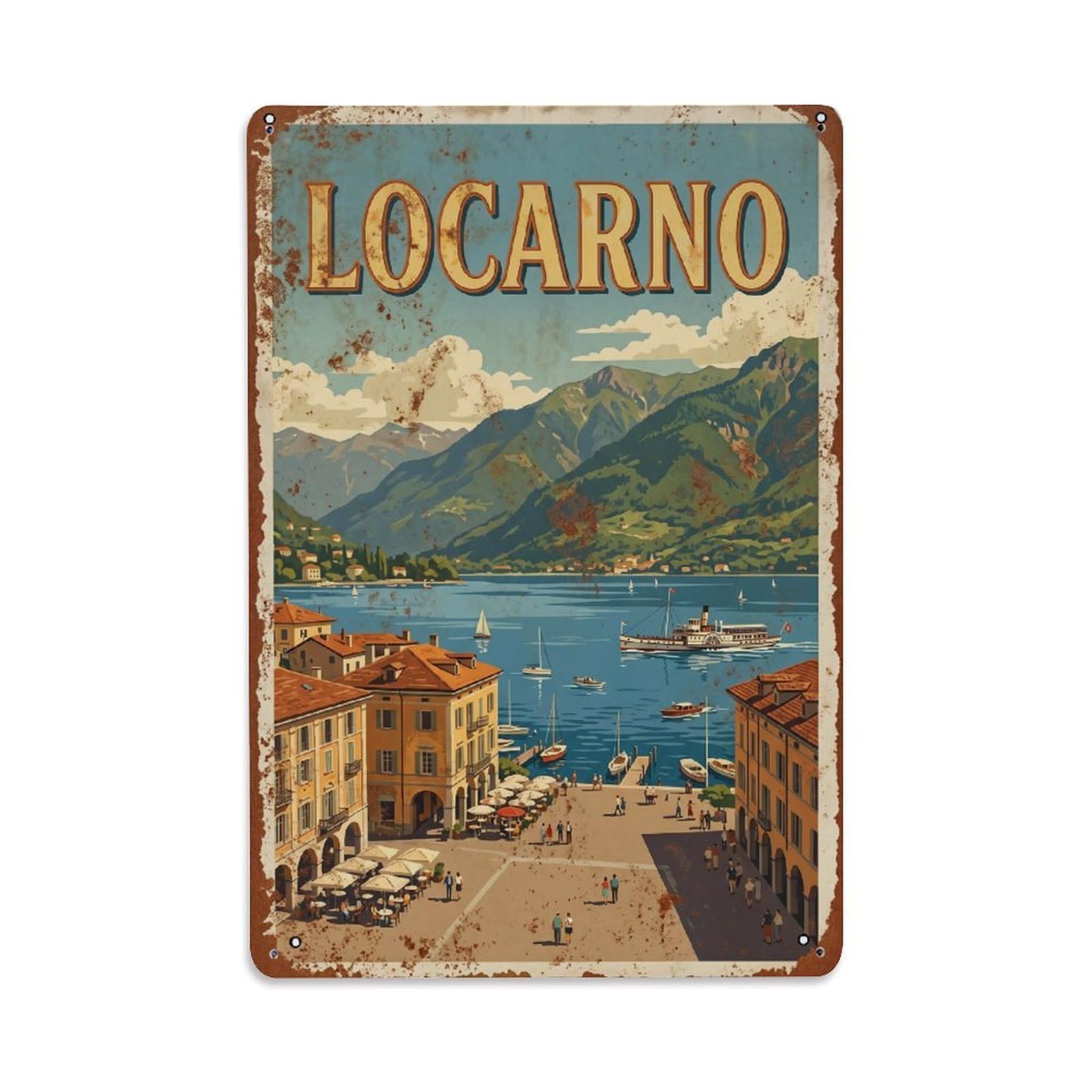 Vintage Travel Locarno Switzerland Metal Tin Sign Wall Decor for Cafe, Club, Garden Metal Poster 8x12Inch