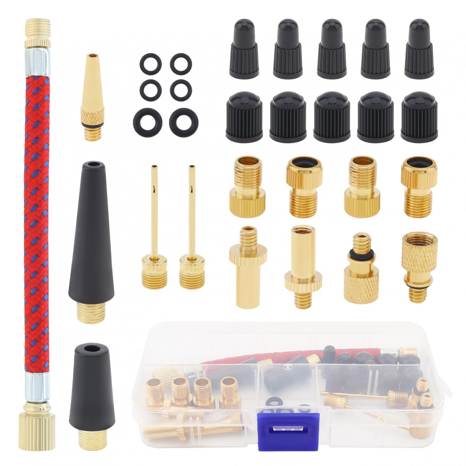 30Pcs Brass Bike Pump Valve Adapters with Sealing O-Rings - Multifunctional Tire Inflation Adapters Set for Bicycle, Basketball, Gym Ball & Balloons (Presta/Schrader/Dunlop Compatible)