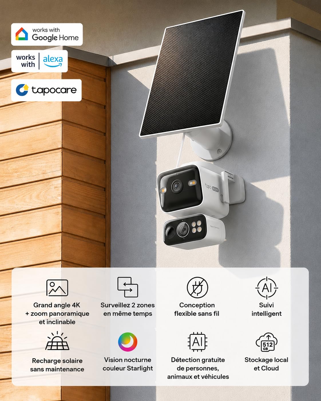 Tapo C675D KIT - Caméra de Surveillance Solaire Extérieure 4K Double Objectif - Caméra WiFi - Ultra Grand-Angle 169° + Téléobjectif Zoom 5X, Suivi Automatique IA 360°, Capture Continue 24/7 AOV