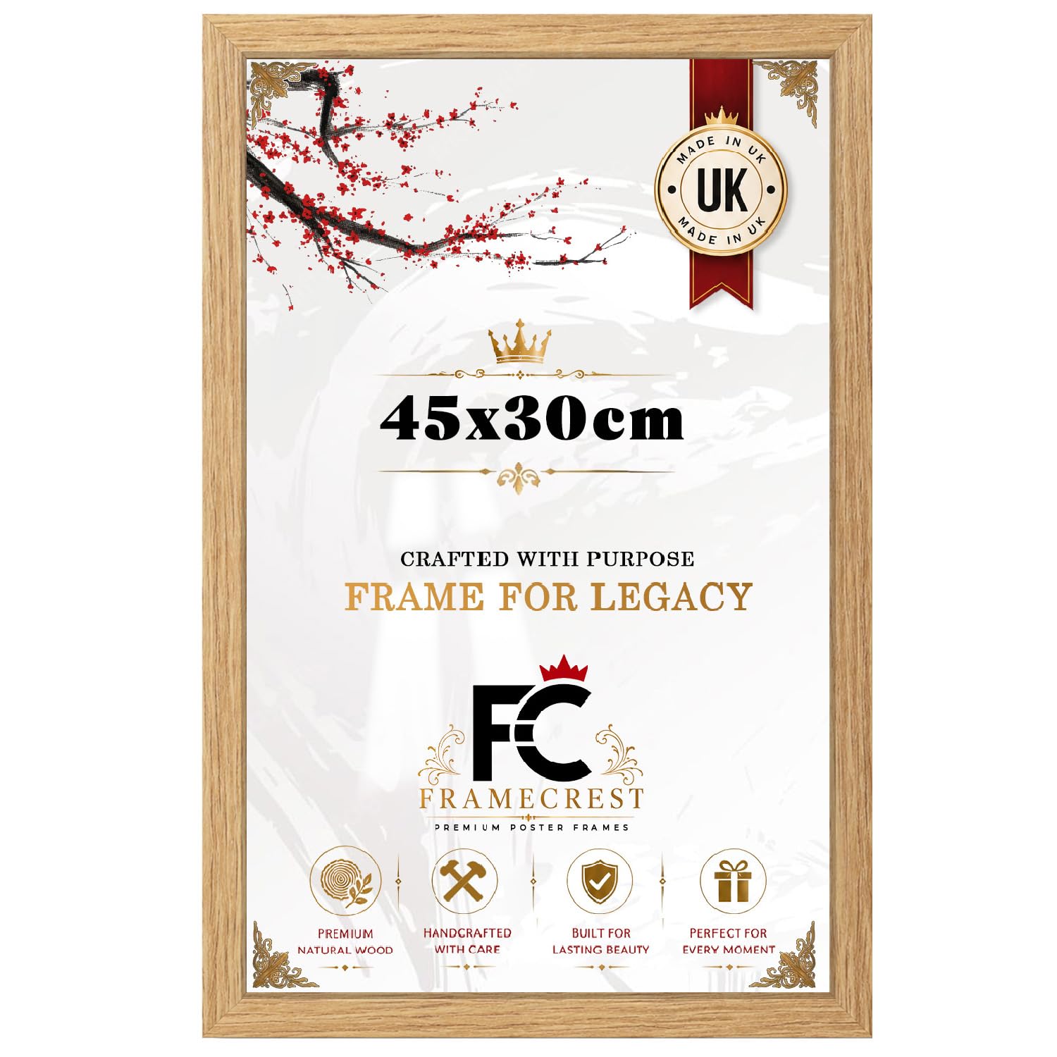 FRAMECREST Signature Collection 45x30cm MDF Poster Frame | Clear HD Styrene Front | Elegant Rectangle Design | Perfect for Home, Office & Gallery Wall Hanging - [Oak]