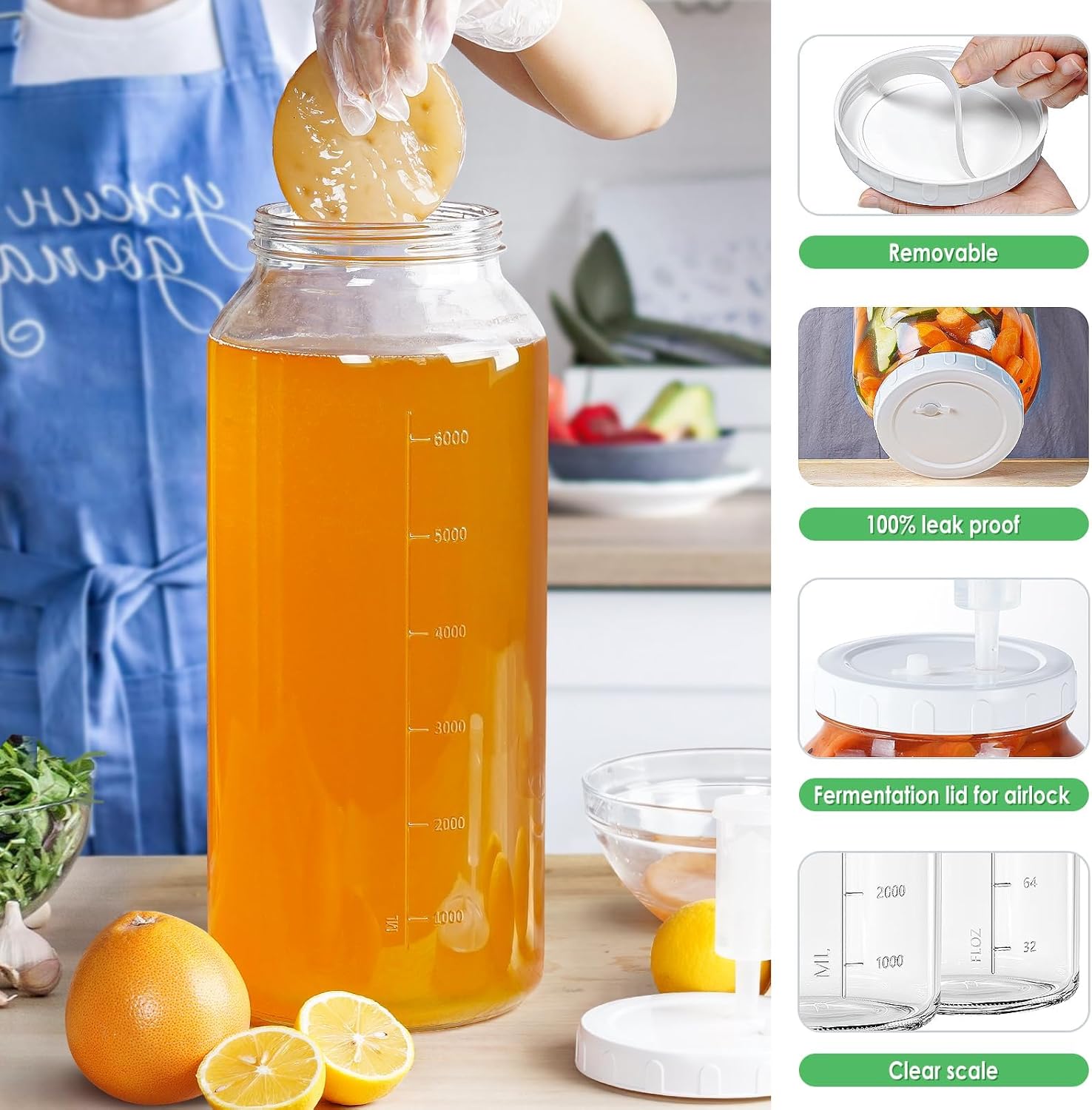 2 Gallon Glass Jar with Airtight Lid, Wide Mouth Wine Making Supplies with 2 Airlocks(7600ML), Pickle Jar, Gallon Fermentation Jar with Clear Scale Marks for Home Brew, Kombucha, Cider, Beer