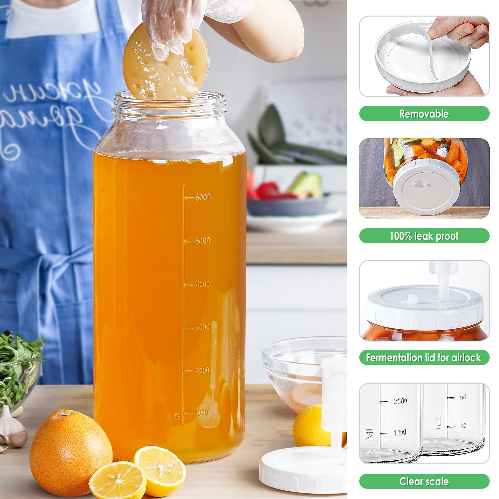 Qianfenie Tarro de vidrio de 2 galones con tapa hermética, suministros para hacer vino de boca ancha con 2 cierres de aire (7600 ml), tarro de fermentación de galón con marcas de escala transparentes