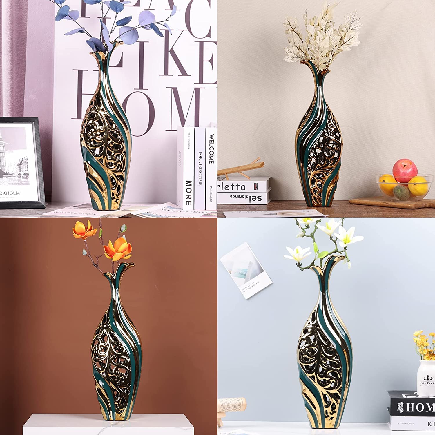 Amazon.co.jp: 19インチ フロア花瓶 グリーンとゴールドのセラミック