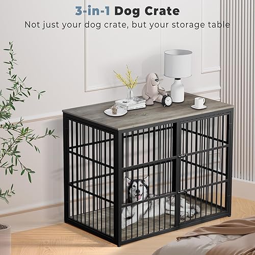 Miniatura 56 de Lyromix Mueble de jaula para perros de 43 pulgadas con 3 puertas, mesa auxiliar de madera XL, jaula resistente para perros medianos a grandes, Gris