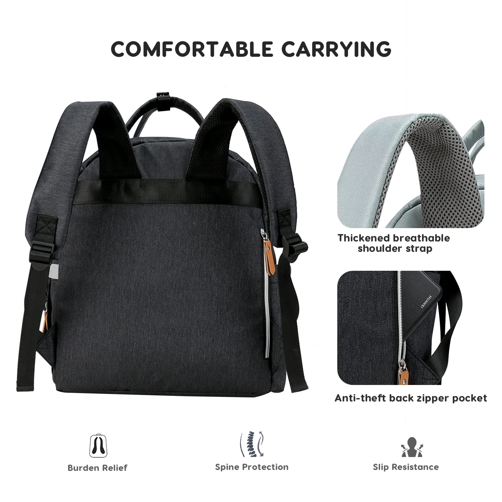 SONARIN Portable Grande Capacité Sacs à Dos à Langer pour Bébé,Sacs à Langer Multifonctionnel Imperméable Sac à Couches de Voyage avec Sac à Tétine & Crochets de Poussette(Noir)
