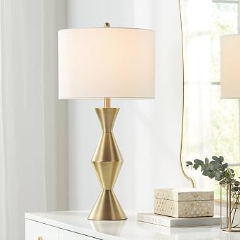 360 Lighting Elka Modern Glam Luxury Table Lamp 28" Tall Brass Golden Geometric Angular Metal White Drum Shade Decor for Bedroom Living Room House Home Bedside Nightstand Office Family