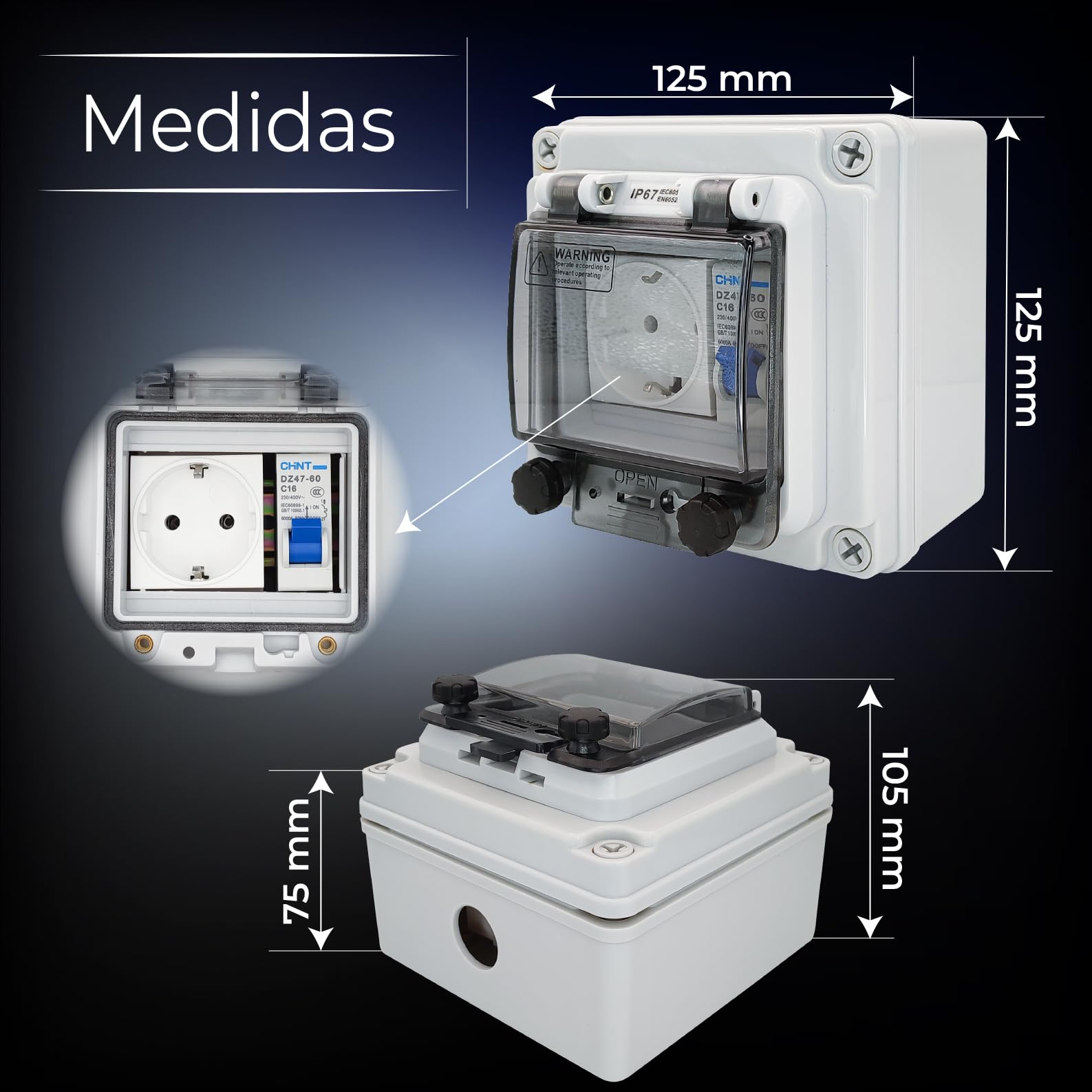 LED ATOMANT 4x Enchufe en Caja Estanca IP67 para Exterior con Disyuntor