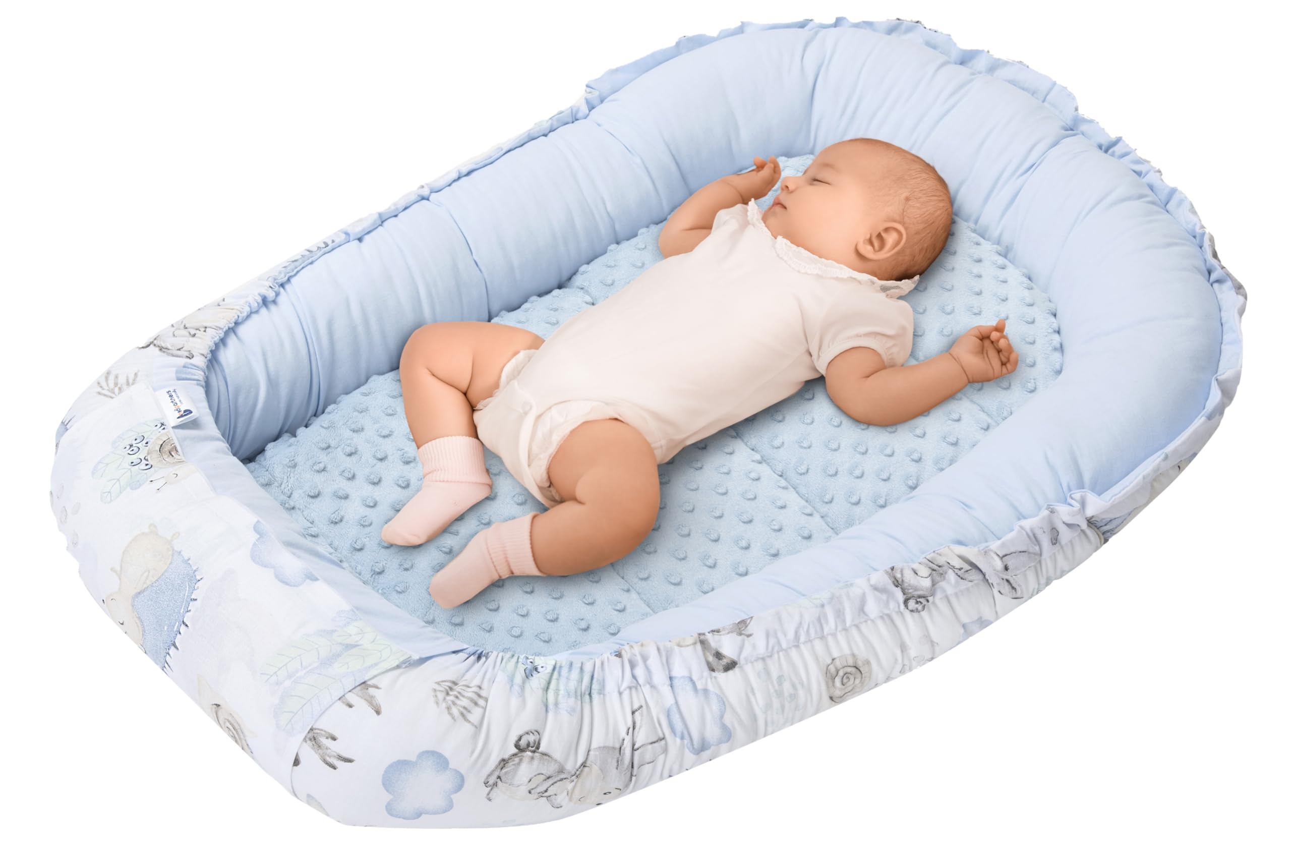 Medi Partners Baby Nest Pod for Newborn Babynest Sleep Bed - 100x60x15 Lounger Essentials 0-12 Months sleeping bilateral Cocoon 100% Cotton (Deer and Hedgehogs with blue Plush)