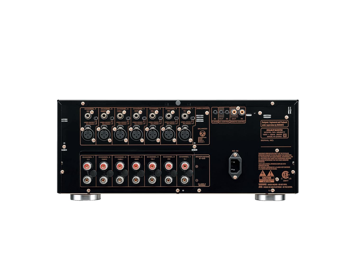 Rear panel of the Marantz MM8077 amplifier anu nunjukkeun sambungan input sareng output