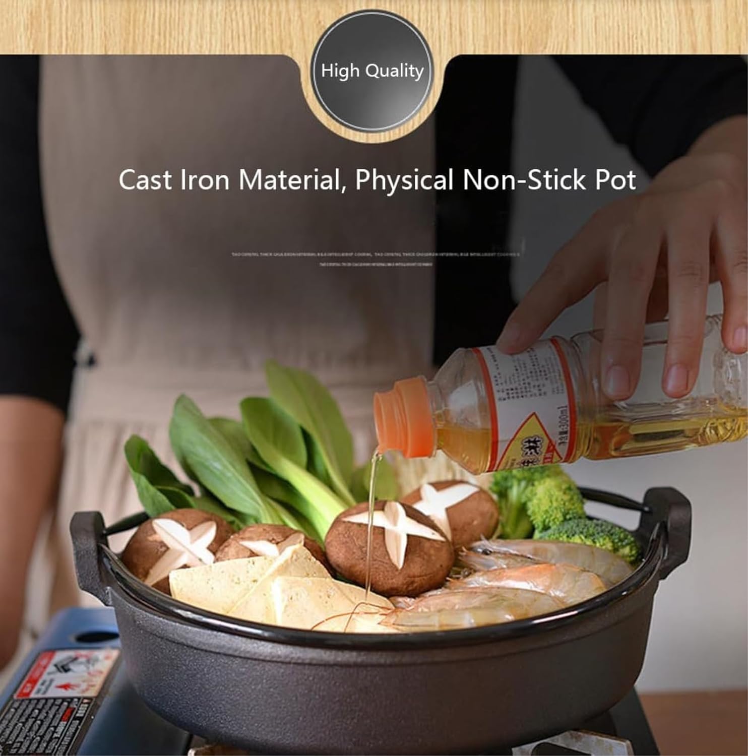 Sukiyaki Hot Pot, Cast Iron Tetsu Nabe Pot with Wooden Lid and Double Handles for Home Cooking, Camping, and Picnics - Japanese Style Shabu Shabu