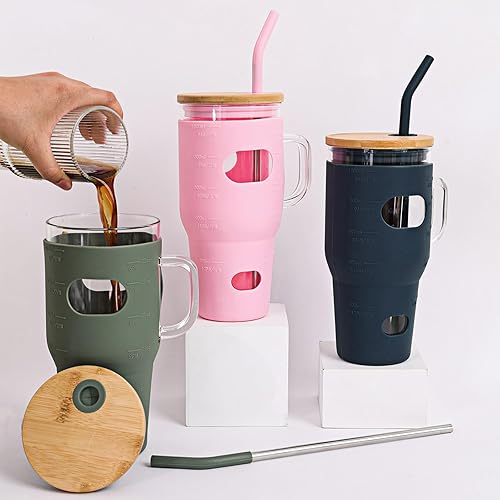 Miniatura 6 de Moretoes 2 vasos de vidrio de 32 onzas con popote y tapa, botellas de agua de vidrio con tapas y popotes de bambú y funda de silicona, botella Boba