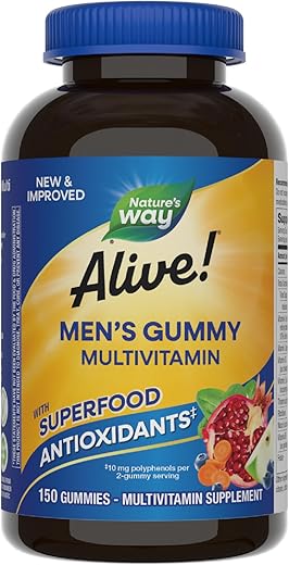 Nature’s Way Alive! Men’s Gummy Multivitamin, High Potency B-Vitamin Complex, Supports Muscle Function*, Fruit Flavored, 150 Gummies