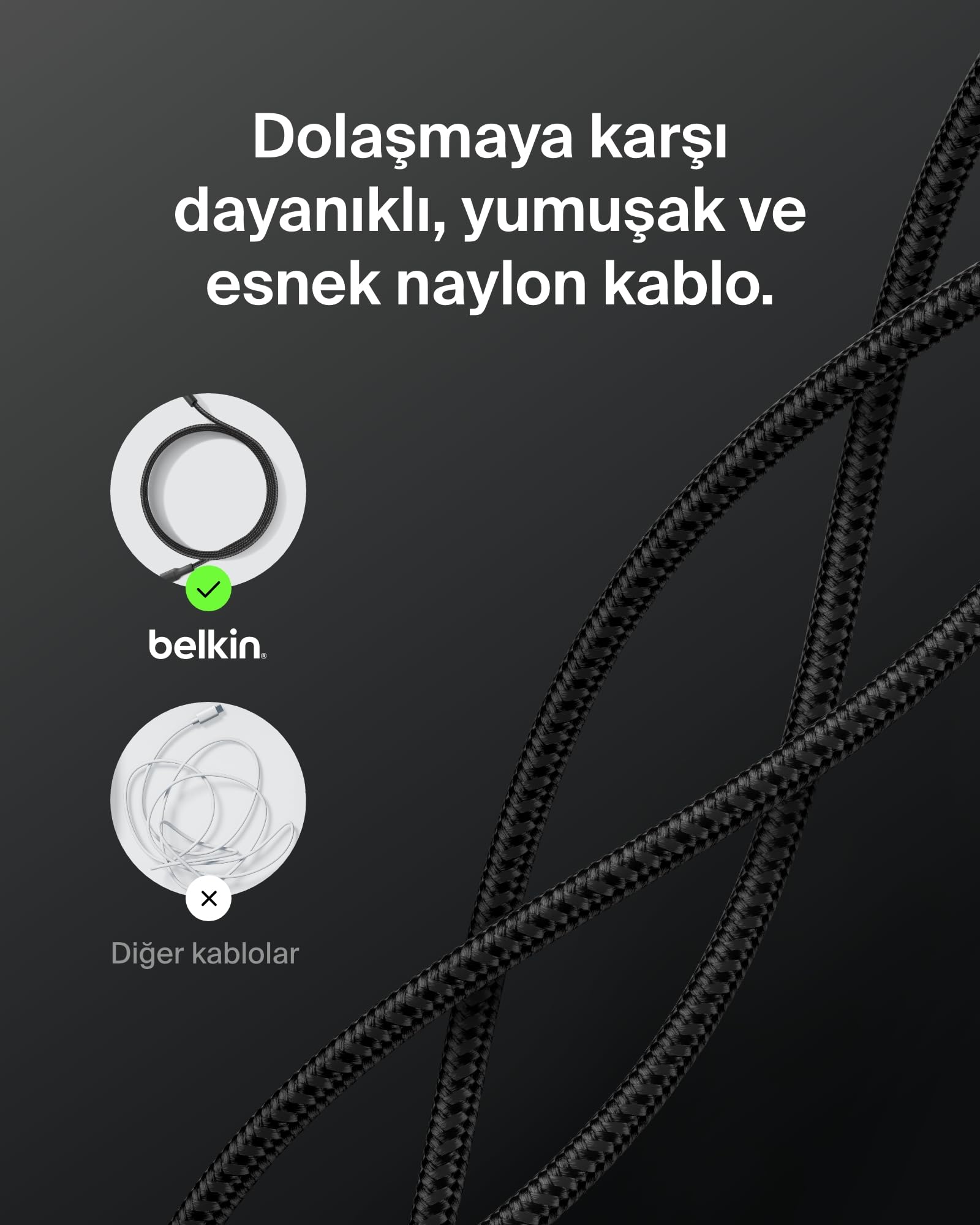 Belkin Eco Örgülü USB-C - USB-C Kablosu, 3 m, 240 W, Yumuşak, Esnek Hızlı Şarj Kablosu, iPhone 16, Galaxy S25, Pixel 9, MacBook, iPad Pro ve Daha Fazlası için Tip-C Şarj Kablosu - Siyah (USB 2.0)