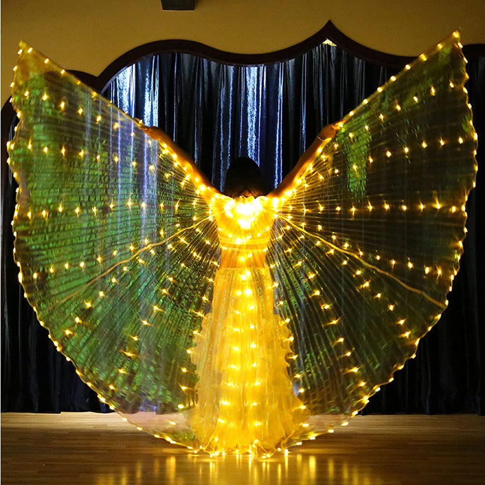 Ailes de danse LED Isis jaune avec bâtons flexibles pour costume de spectacle 360°