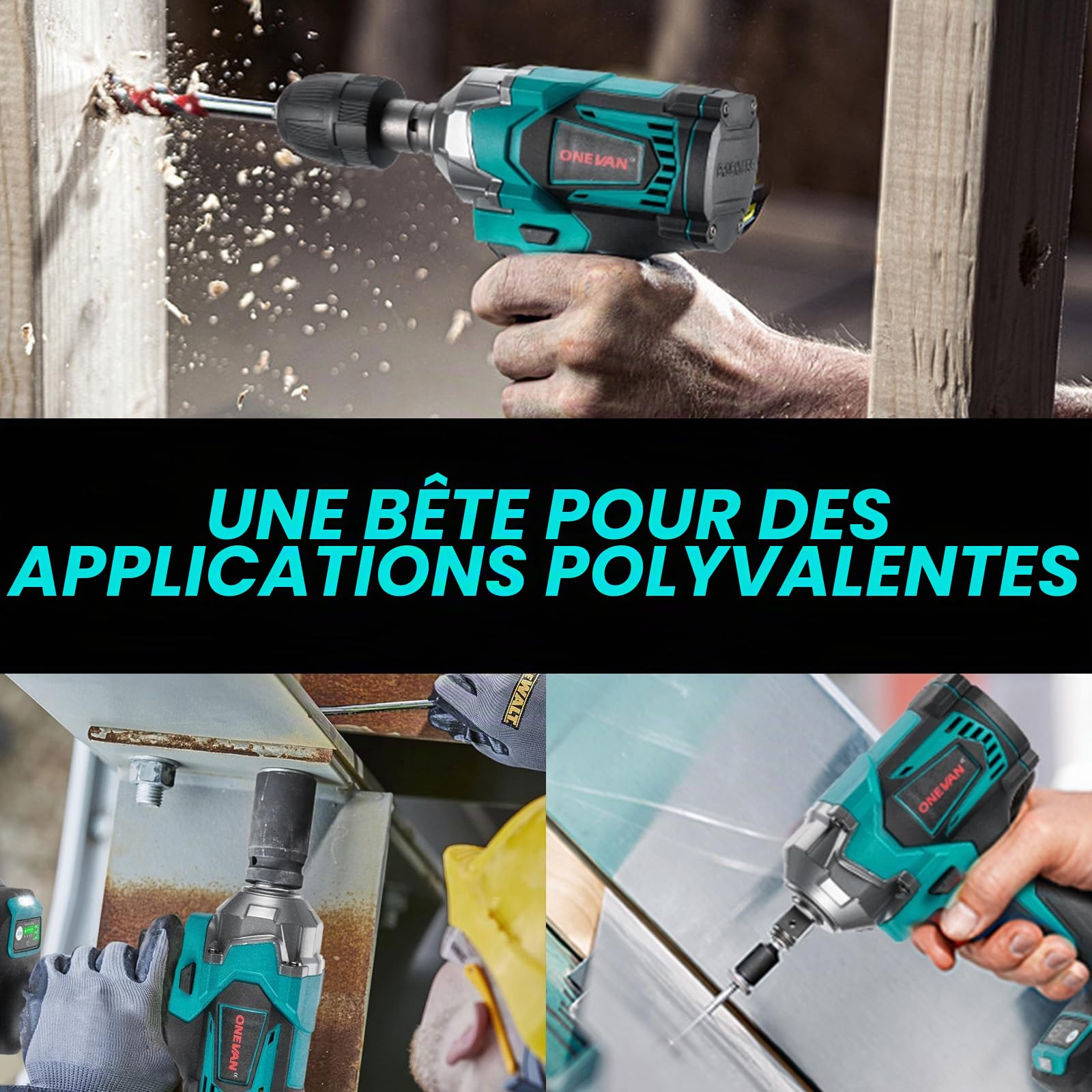 ONEVAN Cle a Choc Sans Fil 700 Nm, avec 2 batteries et jeu de douilles | Sans balais, 2 batteries de 3000 mAh, 4 vitesses, avant et arrière, inclut une boîte à outils et un adaptateur de perçage
