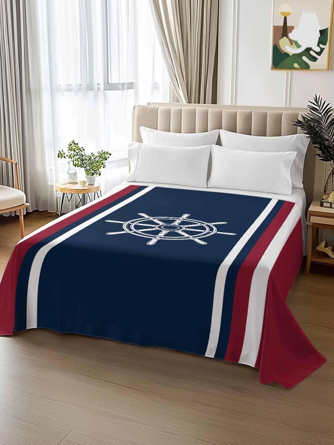 Top Sheet Full Bedding Flat Sheet Only, Medieval Nautical Ship Wheel Microfiber Bed Sheets Soft Breathable Bedding Flat Sheets, Vintage Red White Striped Hotel Luxury Top Sheets