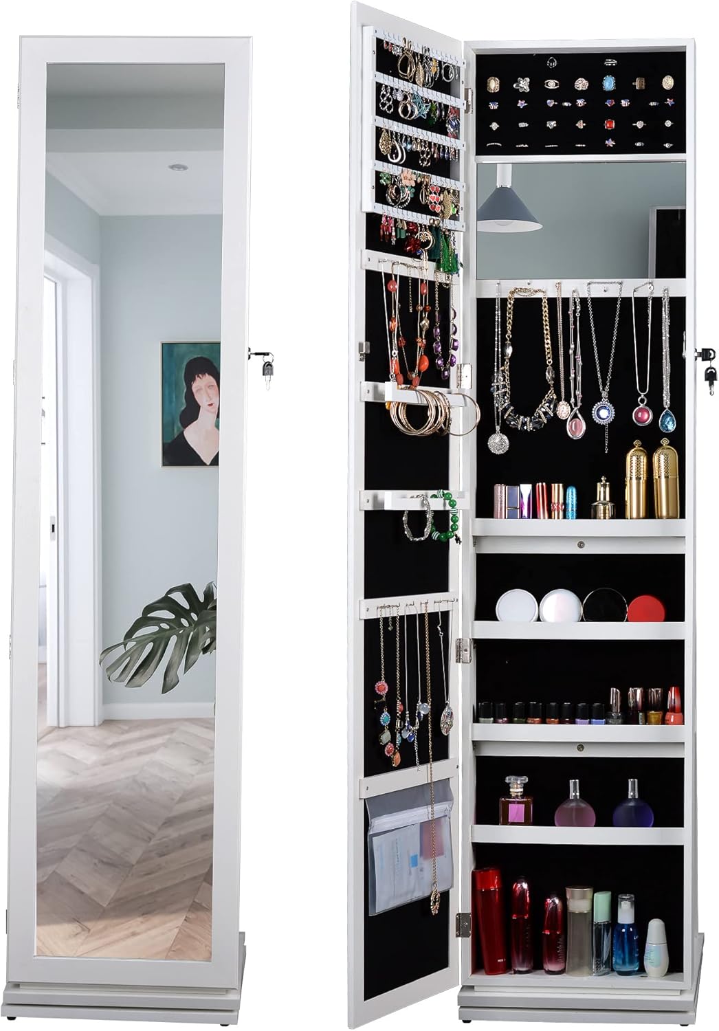 Bextsrack 360° Swivel Jewelry Armoire with Full-Length Mirror, Lockable Standing Jewelry Organizer Cabinet with Interior Mirror & Rear Storage Shelves, 65" Floor Mirror Jewelry Storage (White)