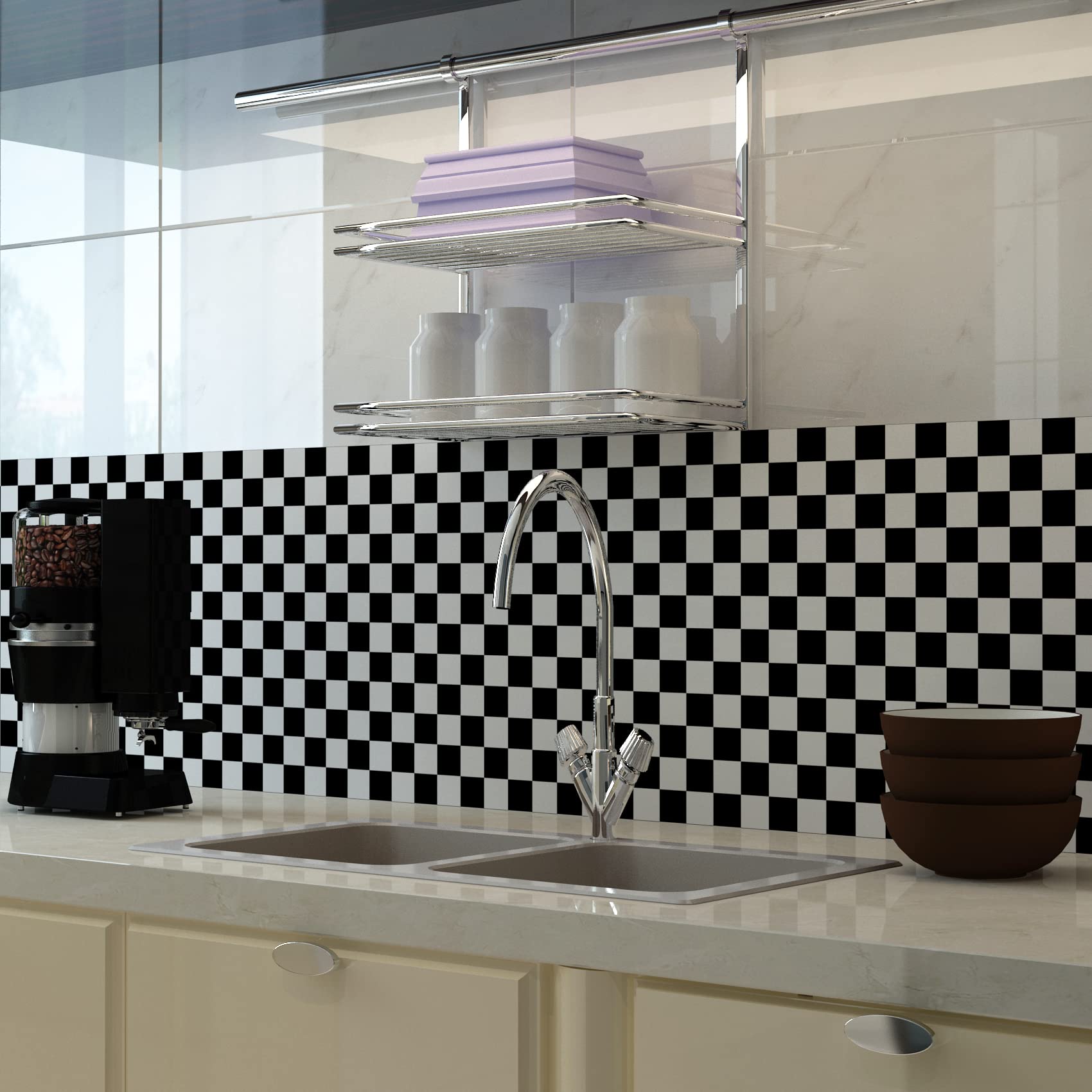 LaCheery Bianca e Nera Carta da Parati Adesiva Cucina Scacchiera 60cm x 800cm Pellicola Adesiva per Mobili Cucina Impermeabile Rivestimento Adesivo per Mobili Soggiorno Carta Parati Camera da Letto