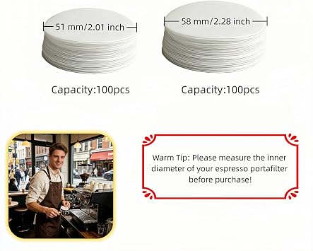 Espresso Paper Filters 51mm/58mm, 200Pcs Filter Paper Round, Disposable Coffee Filter Paper for 51&58mm Basket, 100 Count Each, for Espresso Machines