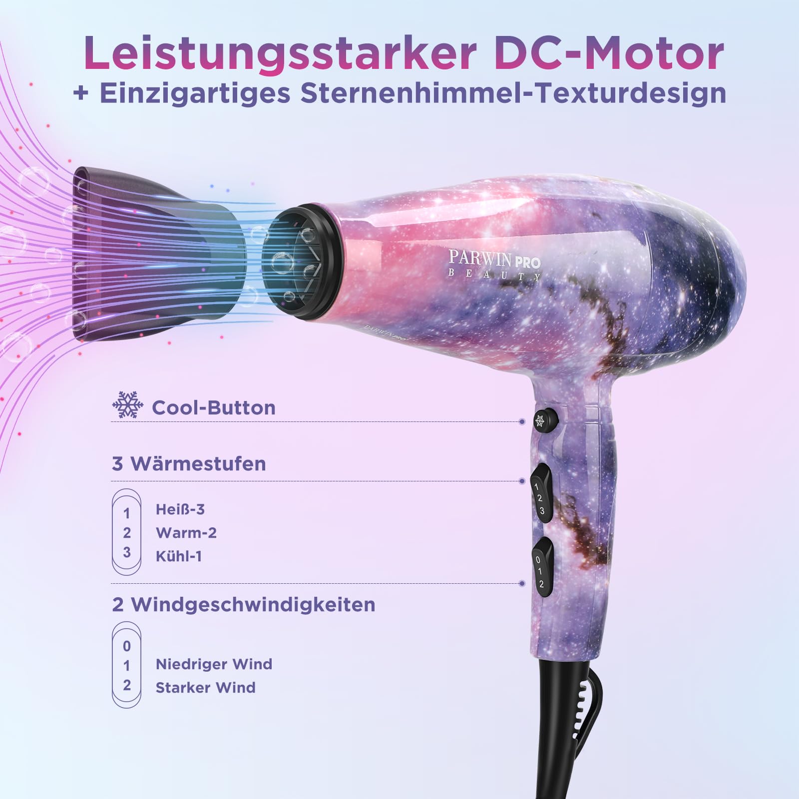 3 IN 1, Föhn + Glätteisen + Lockenstab, PARWIN PRO BEAUTY Styling Set, Ionen Haartrockner, Glätteisen Locken und Glätten, Lockenstab Konisch, Geschenkset Frauen, Galaxie-Sternmuster
