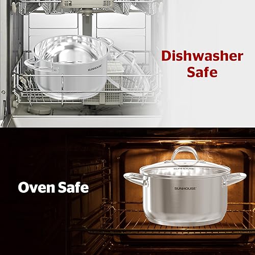 Miniatura 9 de SUNHOUSE Olla de acero inoxidable  Olla de cocina de inducción resistente de 11 cuartos de galón con tapa visible para pasta, sopa, espagueti, olla