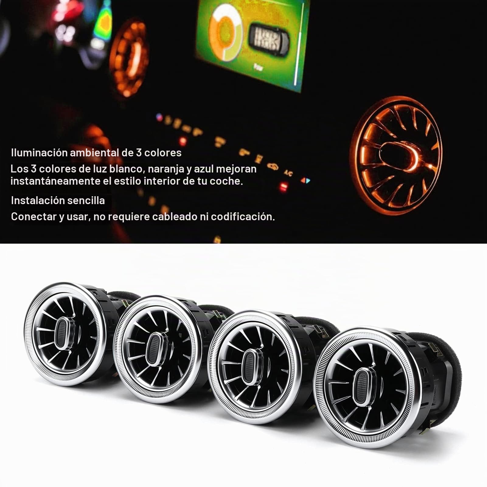 Ventilación de Aire de Turbina de Coche Kit de Luz Ambiental de Ventilación de Aire de Turbina LED Frontal de 3 Colores de 4 Piezas de Repuesto para Benz Clase V W447 2014-2020