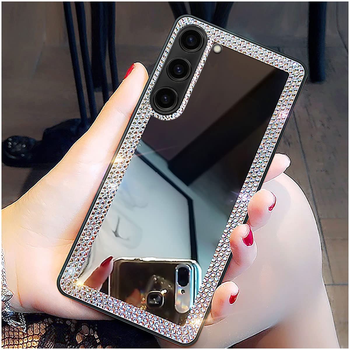 Cavdycidy for Samsung Galaxy S23 Mirror Case for Women with Bling Rhinestone, Stick on Mirror for Phone Case with Camera Cover,Luxury Shiny Crystal