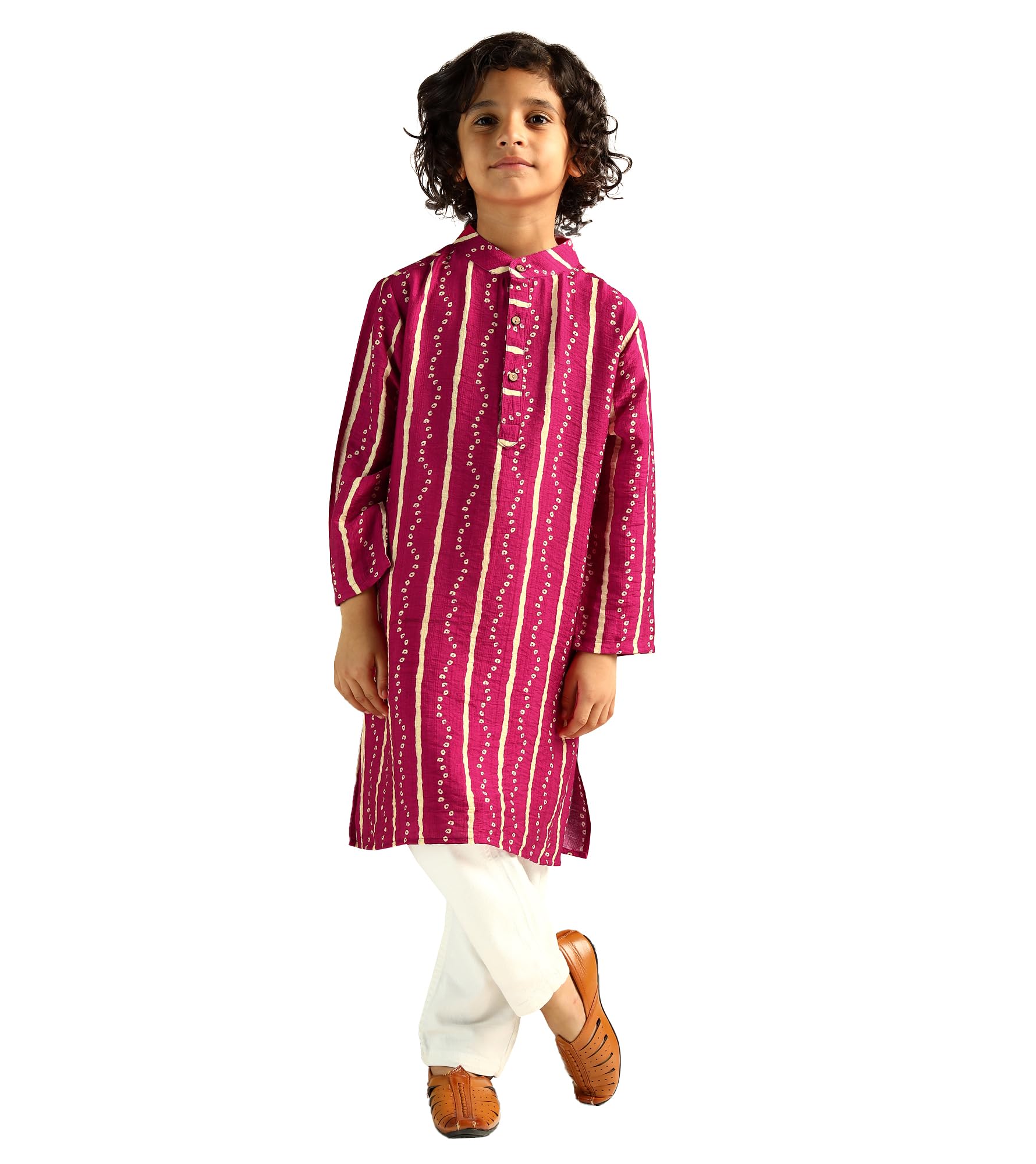 Bugandbees Boys Bhandhani Print Nylon Knee Length Kurta|Full Sleeve|Mandarin Collar|Kids Clothes for Boys Dress 10-11 Years Ethnic Wear|Fancy Dress|One Piece(BBKUB00000335_10-11Y_Magenta)
