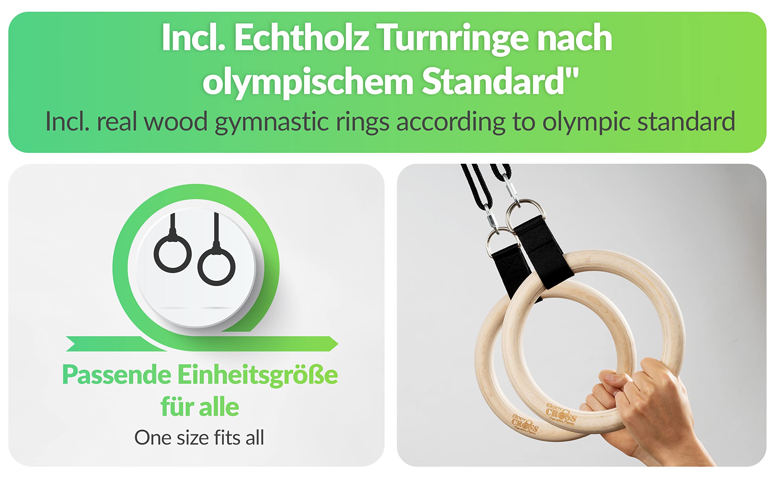 BodyCROSS Taśmy treningowe premium z pierścieniami gimnastycznymi i dodatkowymi uchwytami | Made in Germany | idealne do kalisteniki i ćwiczeń gimnastycznych | plakat z ćwiczeniami, kotwica na drzwi, pętla mocująca (do spacerów)
