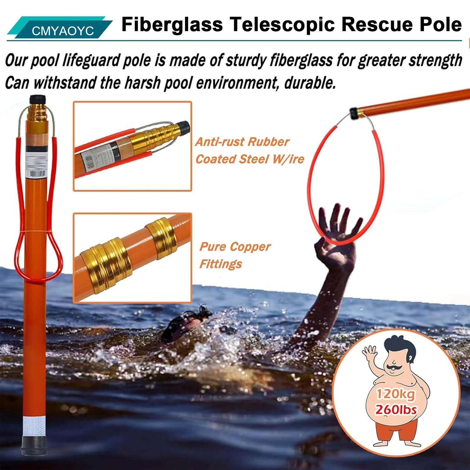 Gancio telescopico for piscina con palo in fibra di vetro, strumento for bagnino, 15-33 piedi