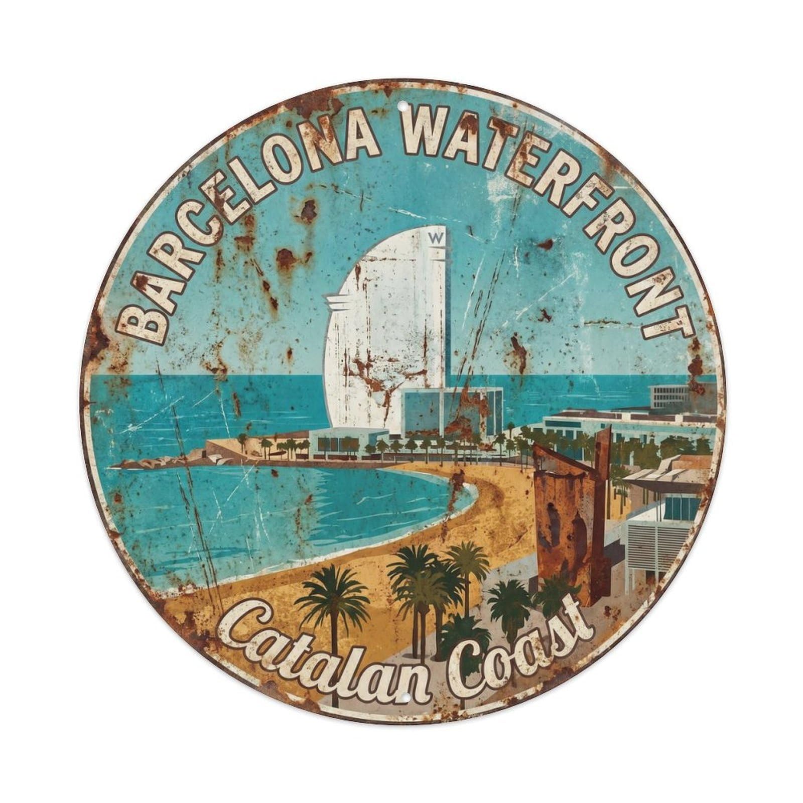 Barcelona Waterfront Catalan Coast Vintage Travel Cityscape Metal Tin Sign Plaque Wall Decor for Cafe, Man Cave, Club Bar, Office, Home Garden Round Metal Poster 8x8Inch