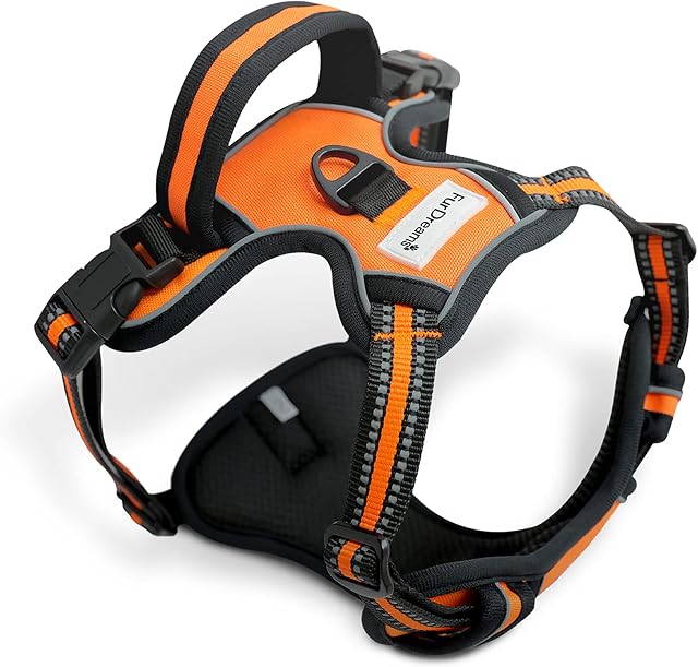 FurDreams Dog Harness  Secure Padded Vest Harness, Comfortable Material with Reflective Strips, Non-Restrictive, No Choke Fit with 4 Adjustable Straps, No Pull, Clip On Easy (Medium, Orange)