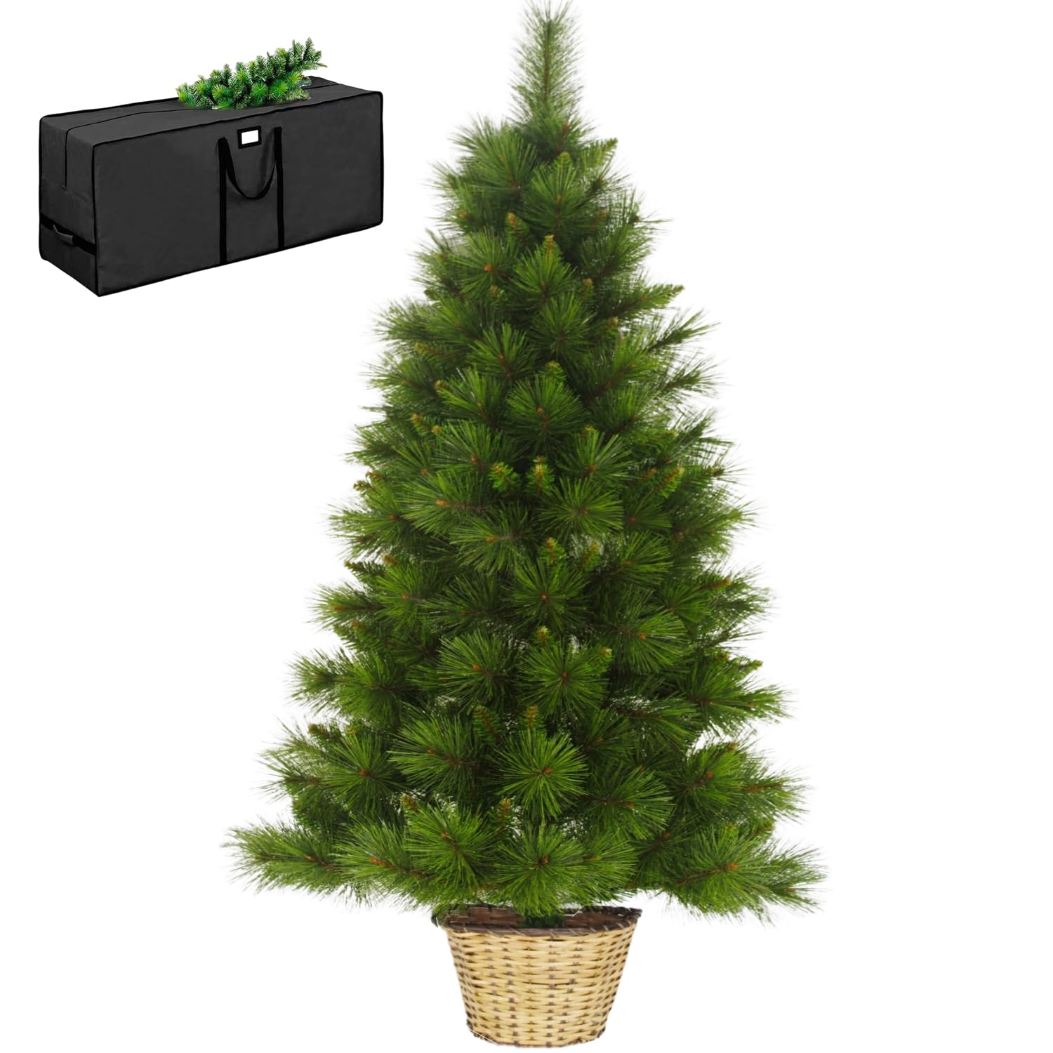 Marvin Albero di Natale da Parete Muro, Effetto Realistico Richiudibile Apertura ad Ombrello Facile da Montare Decorazioni Natalizie Folto Verde, a Metà con Vaso in Rattan e Borsone (120 CM)