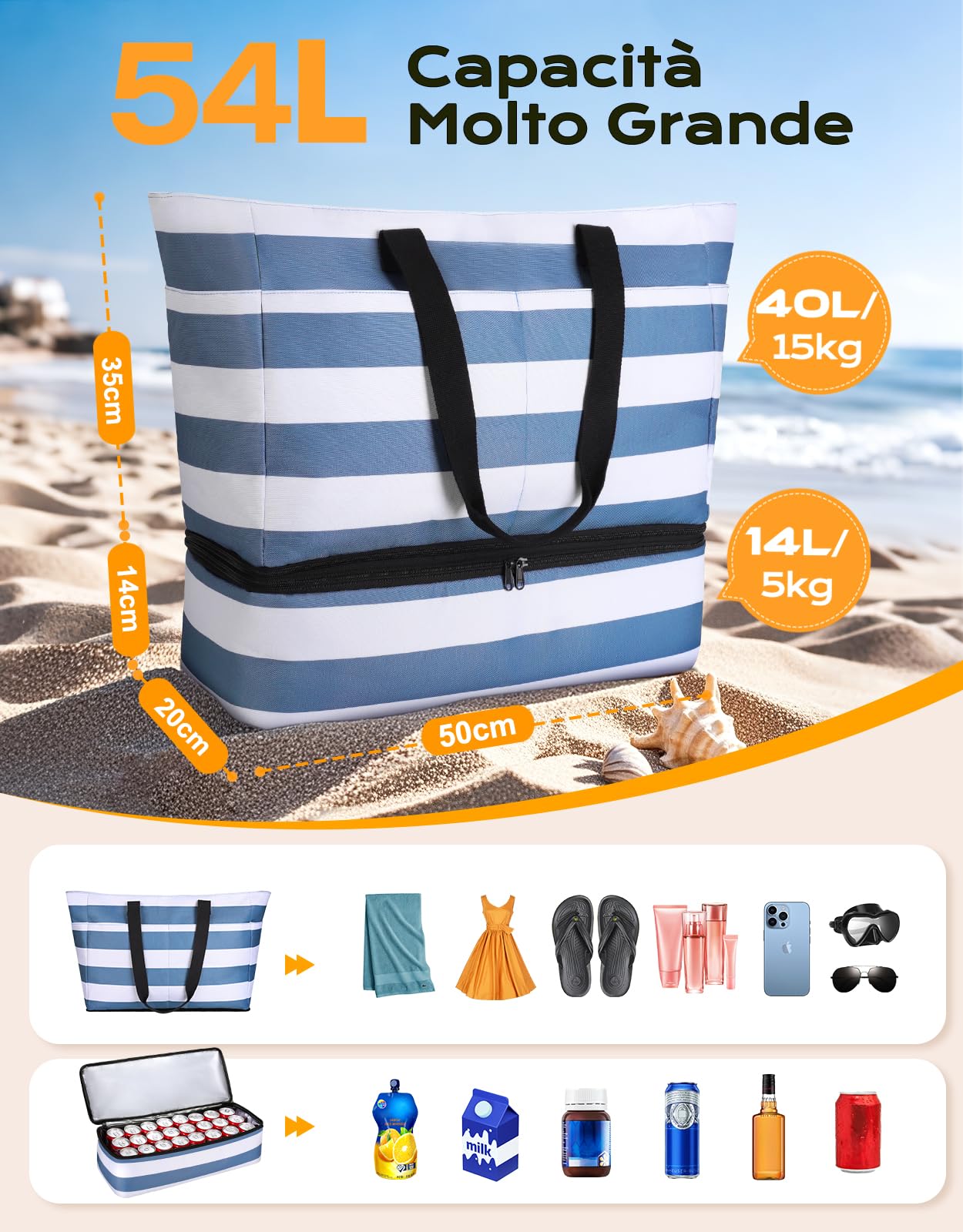 CIRYCASE Borsa Mare Grande con Termica XXL, 54L Borsa da Spiaggia Viaggio Impermeabile, Anti-Sabbia Pieghevole Borsone Mano Tote Bag Multitasche e Barriera Umida per Famiglia/Shopping/Palestra/Vacanze
