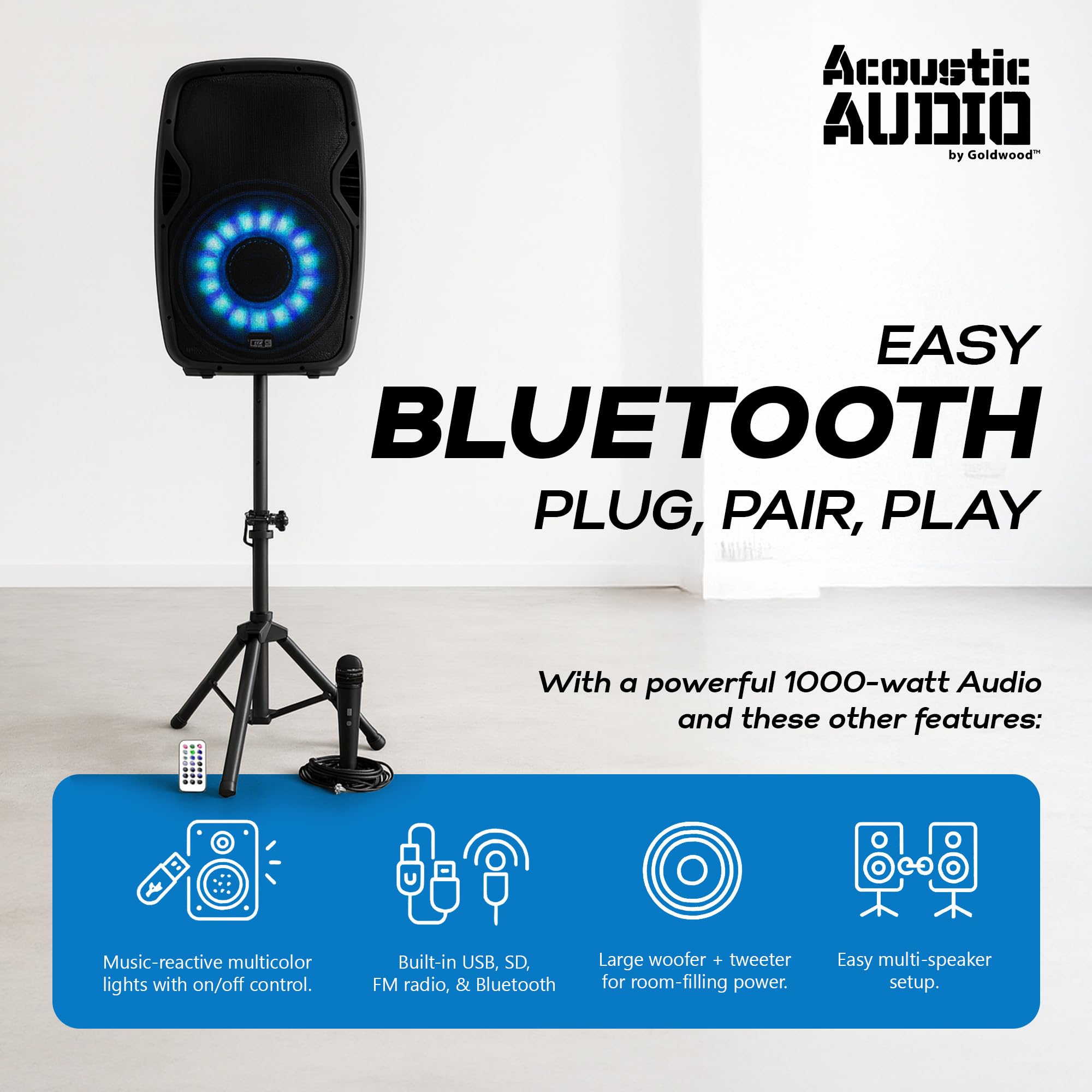 Acoustic Audio by Goldwood Zestaw głośników Bluetooth ze światłem LED, w zestawie mikrofon, pilot zdalnego sterowania i stojak, 38,1 cm (15"), przenośny system dźwiękowy, 1000 W, AA15LBS, czarny, 40,6 x 35,6 68,6