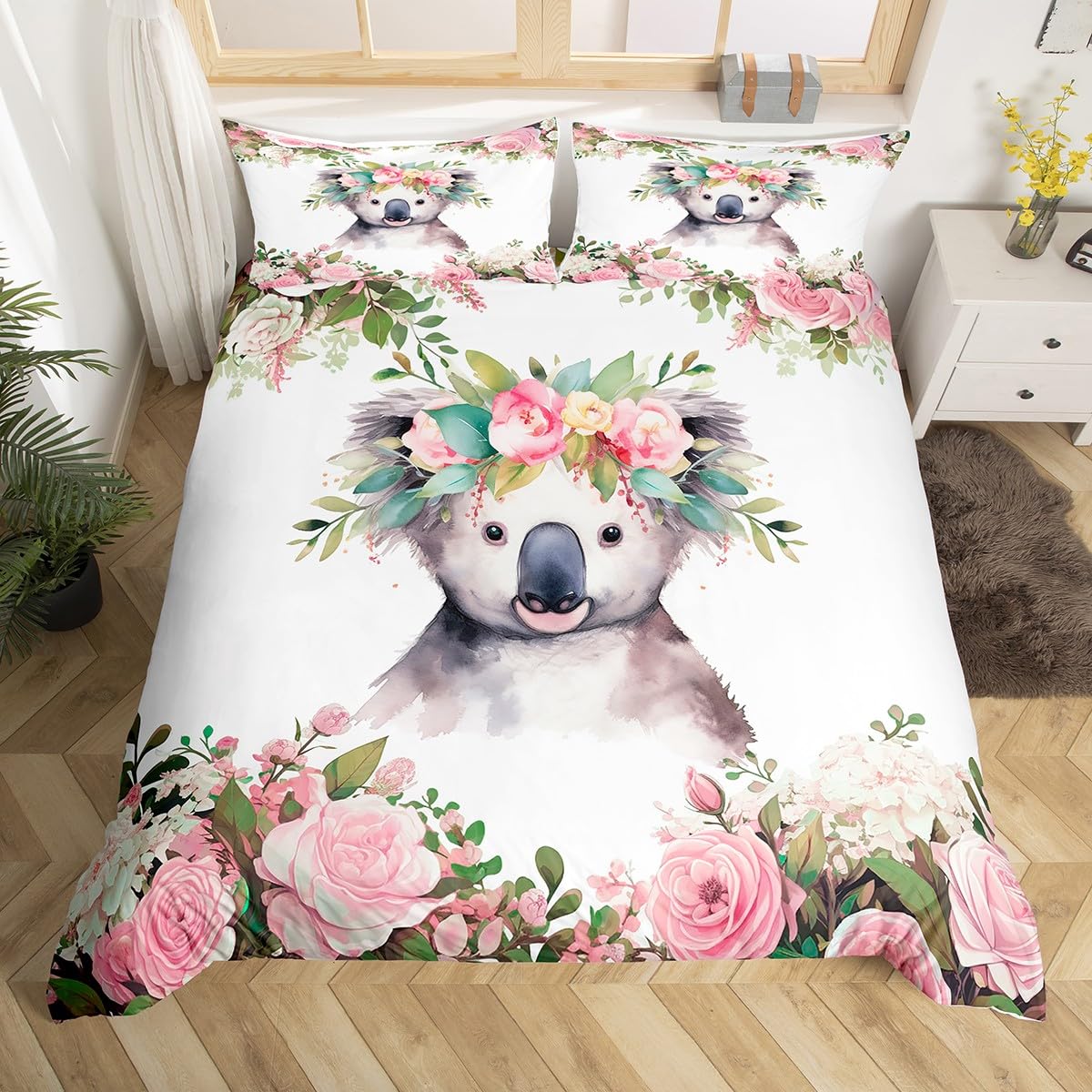 Erosebridal Cute Animal Comforter Cover Lovely Koala Bed Sets Cartoon Cherry Blossoms Duvet Cover Queen Size Spring Garden Bedding Set Cartoon Style Bedroom Decor Kids Toddler Gifts 3 Pieces
