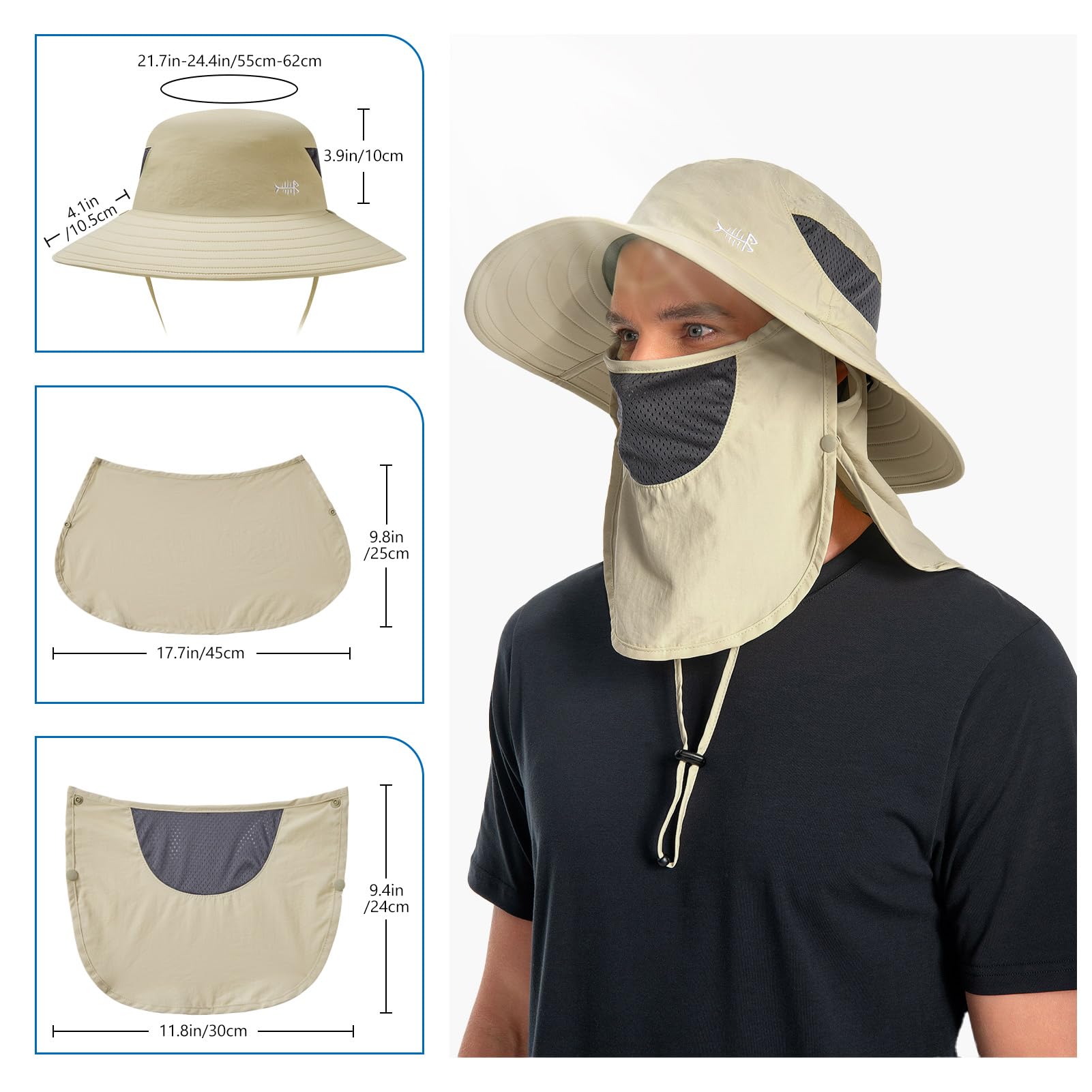 Bassdash Cappello da Sole Traspirante UPF 50+ con copriviso Rimovibile e paranuca Cappello a Secchiello a Tesa Larga Resistente all'Acqua per la Pesca, l'escursionismo e l'outdoor, Uomo e Donna
