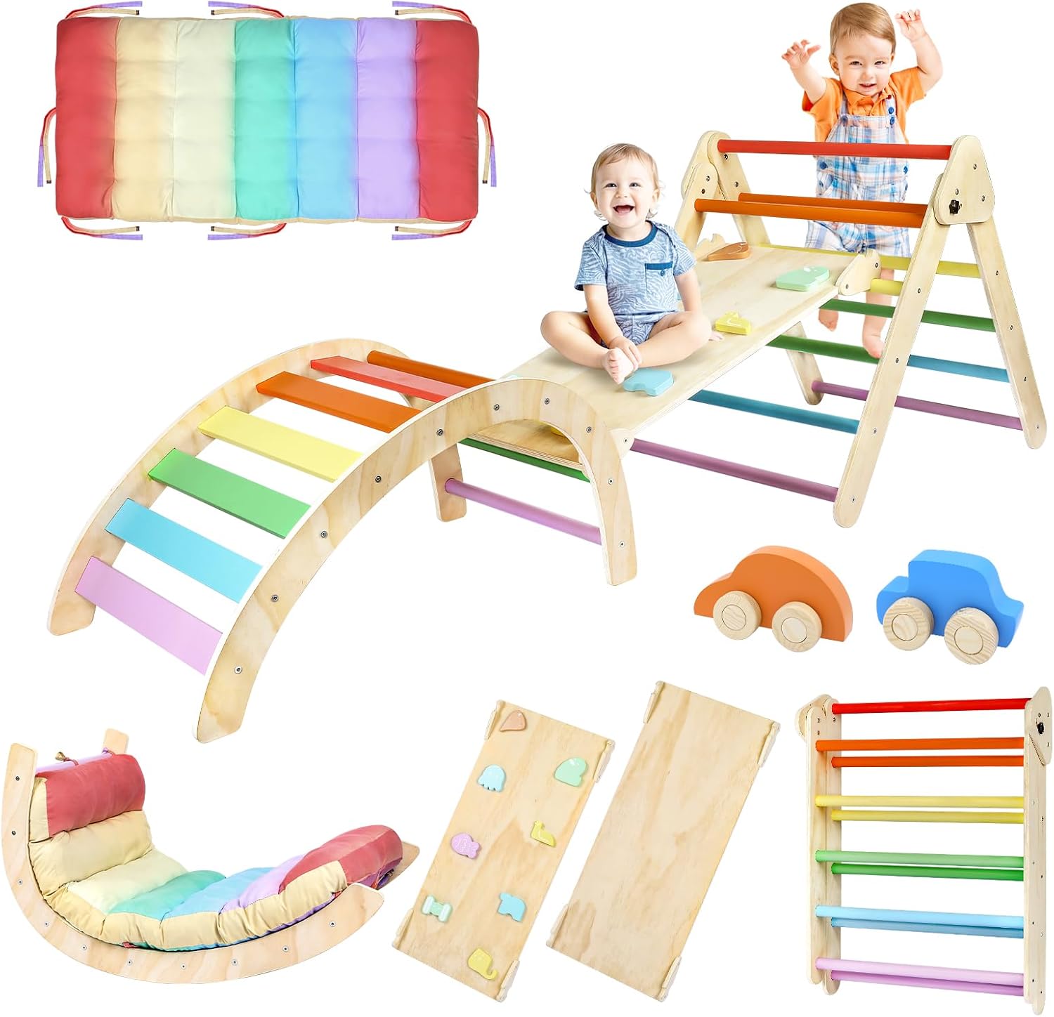 Triangle Climbing Set, 7 in 1 Wooden Climbing Toys for Toddler 18 Months-3 Years Inside, Foldable Colorful Montessori Jungle Gym, Pikler Triangle Toddler Indoor Playground with Cars Arch Ramp Ladder