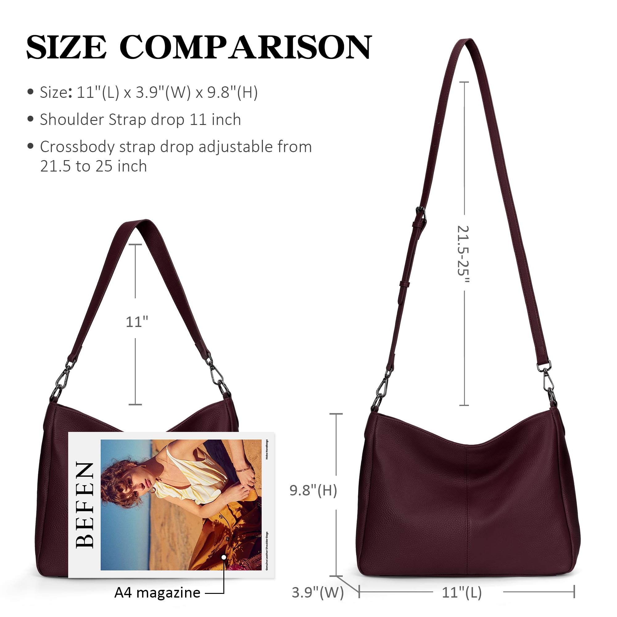 befen Borsa a Spalla Hobo Donna, Borsa a Mano Tracolla Vera Pelle Borsa Tote Media con Manico Lungo - Borsetta Moda Città Classica Pratica Elegante
