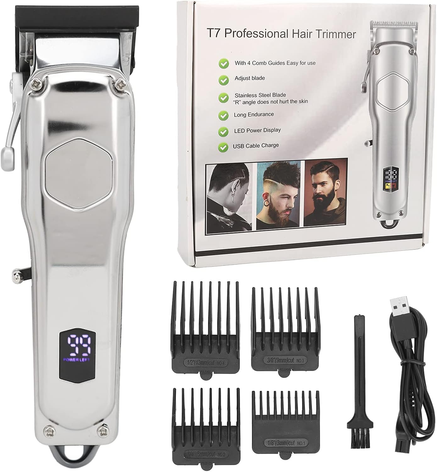 Dioche Electric Hair Trimmer Beard Trimmer Rechargeable Low Noise Digital Display Cordless Beard Hair Clipper with Combs for Men