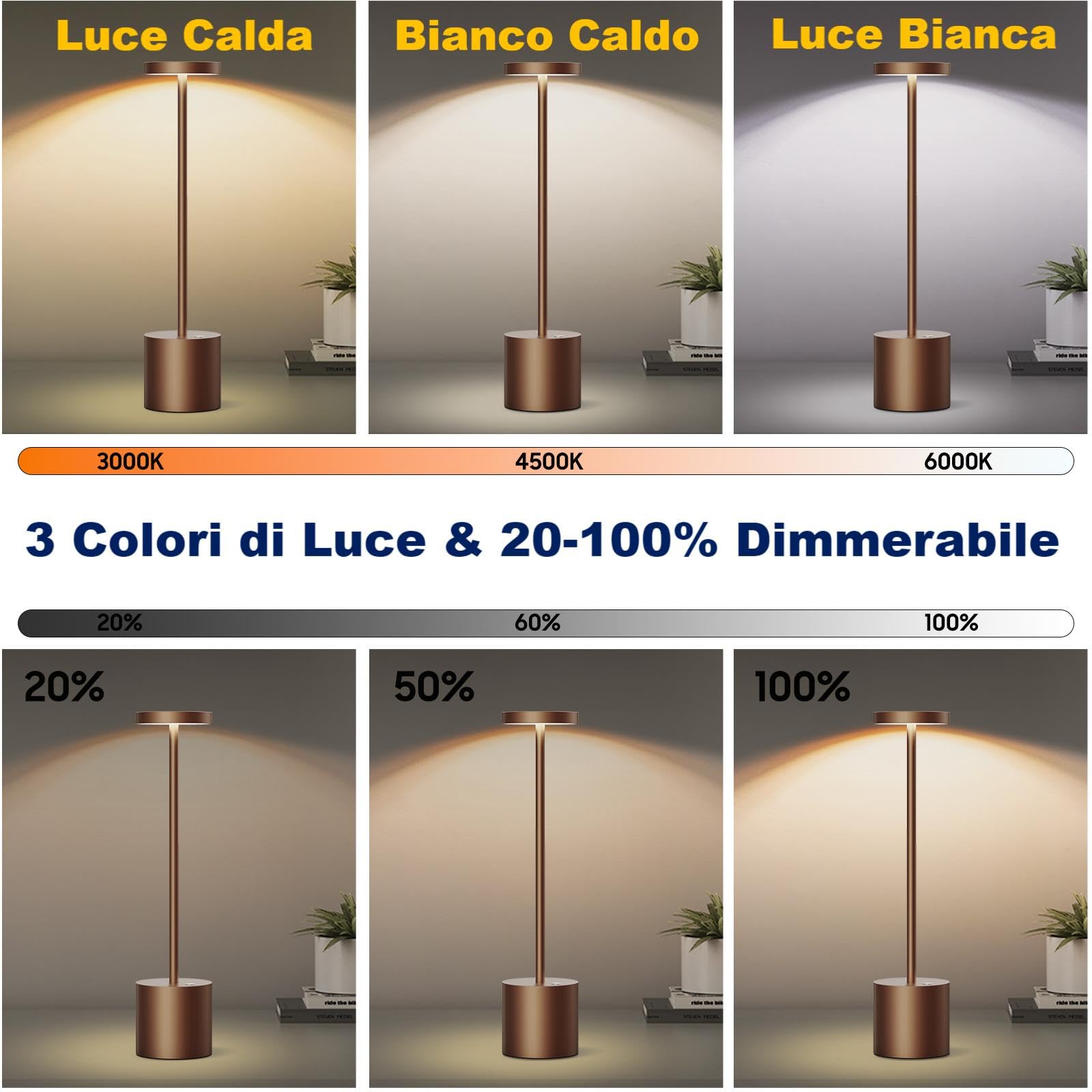 SLSMD Lampada Da Tavolo LED Ricaricabile 6000mAh, 3 Modalità Luce, Dimmerabile, IP54, Per Interni/esterni, Bianco