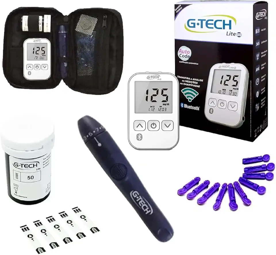 Kit Medidor de Glicose G-Tech Lite Smart Bluetooth 60 Tiras 10 Lancetas + Caneta e Estojo