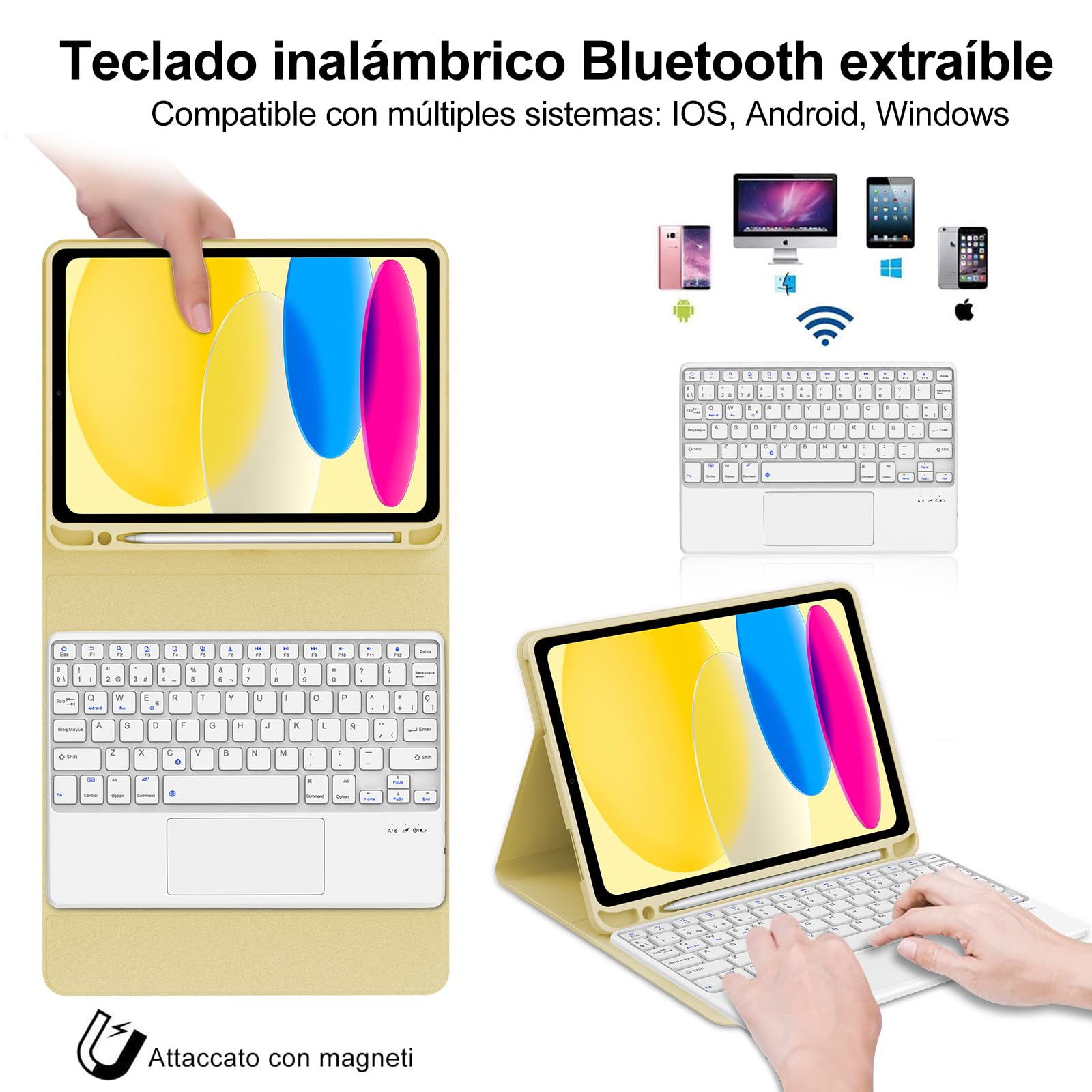 Funda Teclado para iPad A16 11 Generación 2025/10 Gen 2022 11/10.9 Pulgadas | Keyboard Touchpad, QWERTY Español Ñ, Bluetooth Magnético Desmontable Teclado Trackpad con Portalápices, Amarillo claro