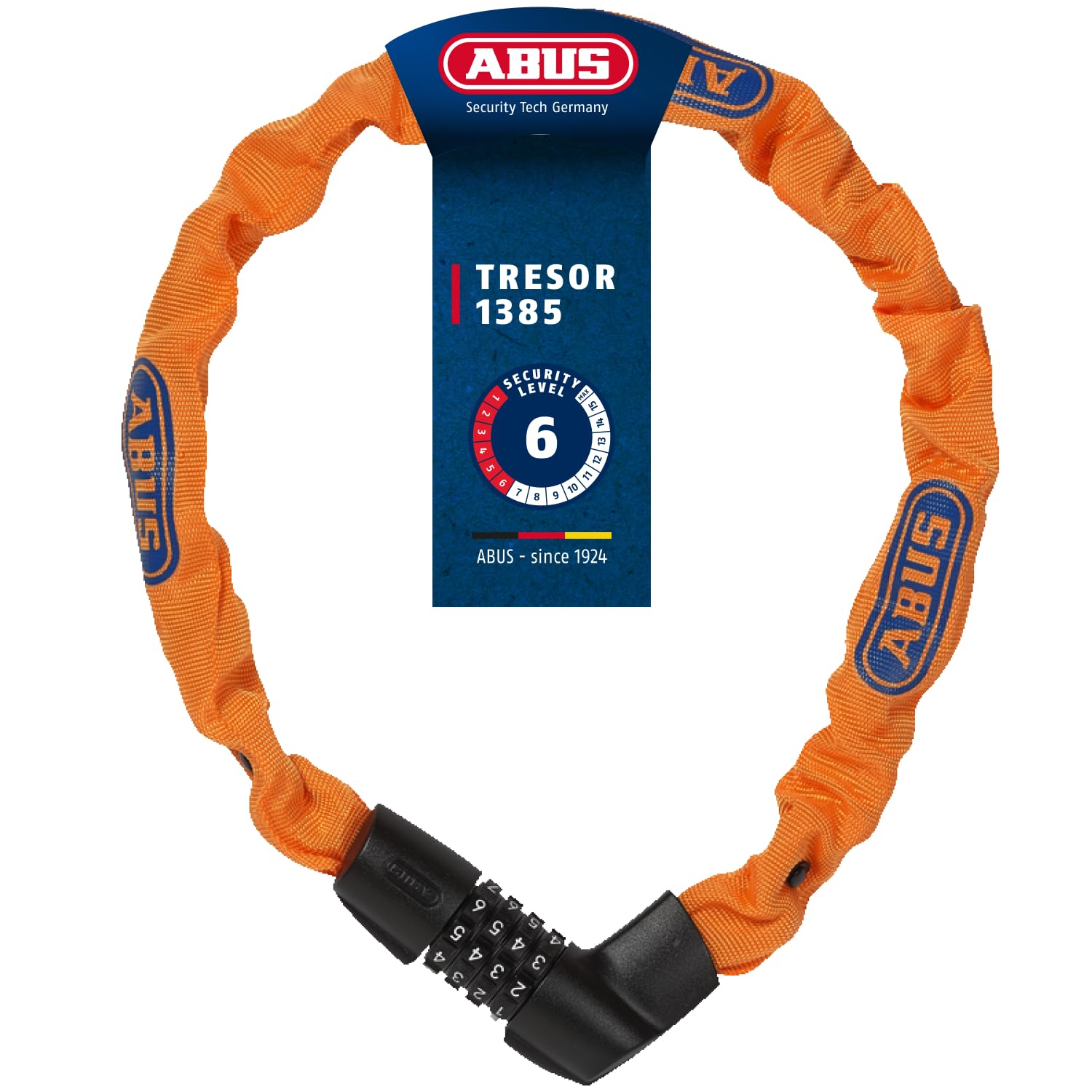 ABUS Kettenschloss Tresor 1385/75 Neon – Zahlenschloss aus gehärtetem Stahl – 6 mm starke Vierkantkette – ABUS-Sicherheitslevel 6 – 75 cm – Orange