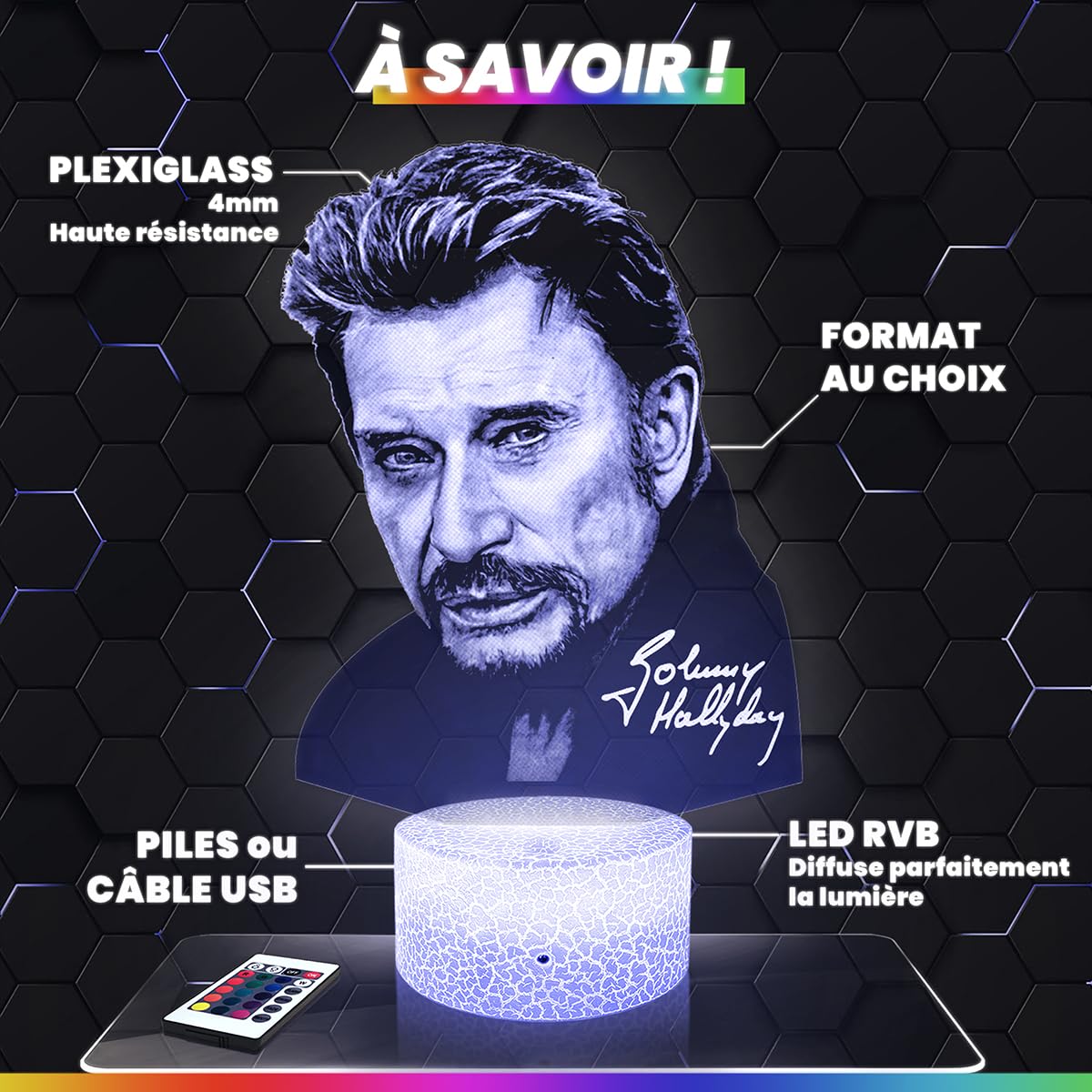 Lampephoto.fr - Lampe 3D Johnny Hallyday Idée Cadeau Fan Chanson Française, Fan de Johnny Hallyday, Veilleuse Tactile Led Illusion, Effet Hologramme 3D, Idée Cadeau Noël Anniversaire Garçon TOP