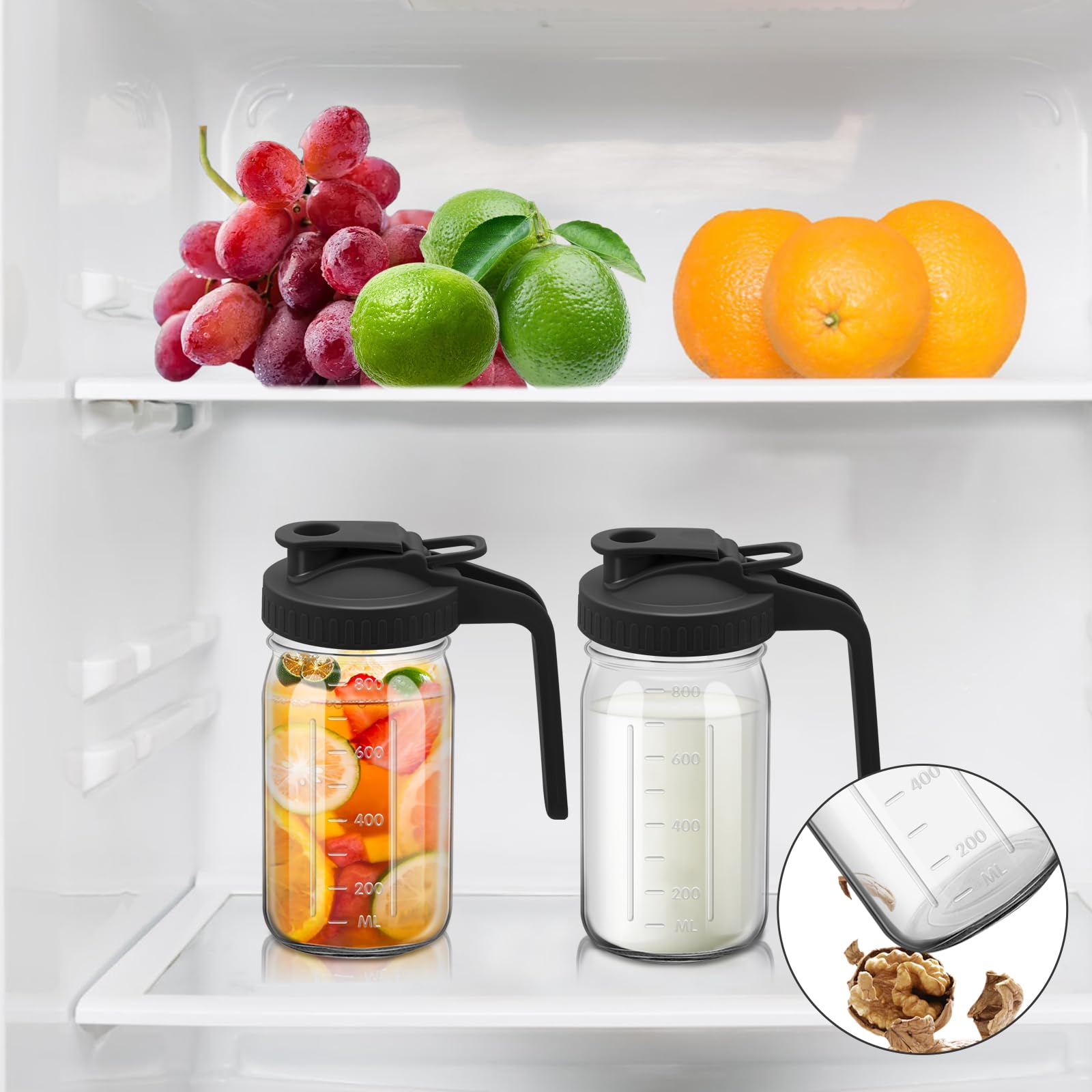Jarra de boca ancha, jarra de agua de vidrio de 32 onzas con tapa, doble mango a prueba de fugas, ideal para jugos, leche materna, recipiente de almacenamiento de cocina