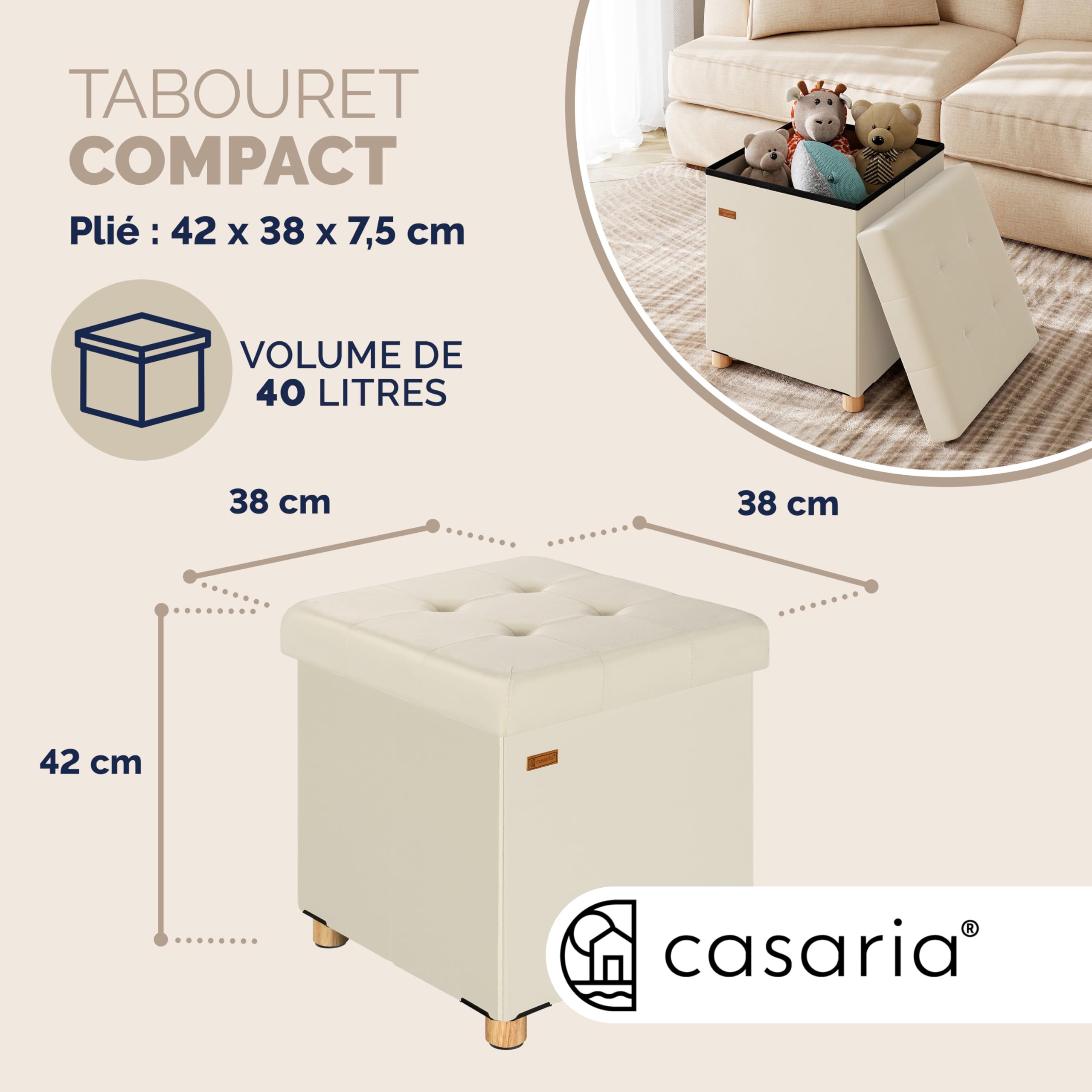 Casaria® Tabouret Cube avec Espace de Rangement Velours Beige Petit Pouf Pliable 38 x 38 x 38 cm Coffre de Rangement Repose-Pied Coffre à Jouet Salon Chambre