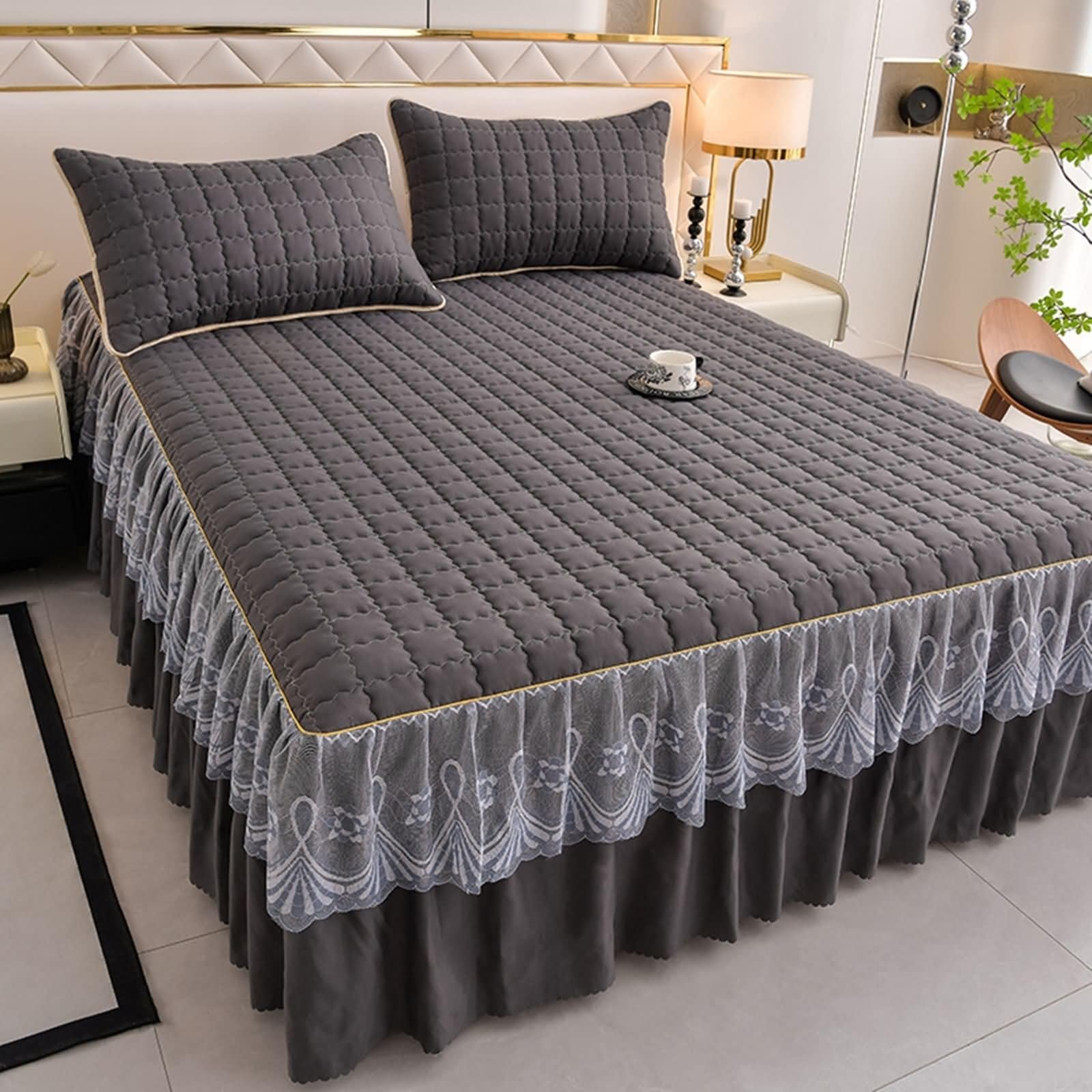 Gray Bed Sheets Grey Fitted Sheet Set Dark Contain 2 Pillowcases Solid Color with Embroidered Lace Pattern W71
