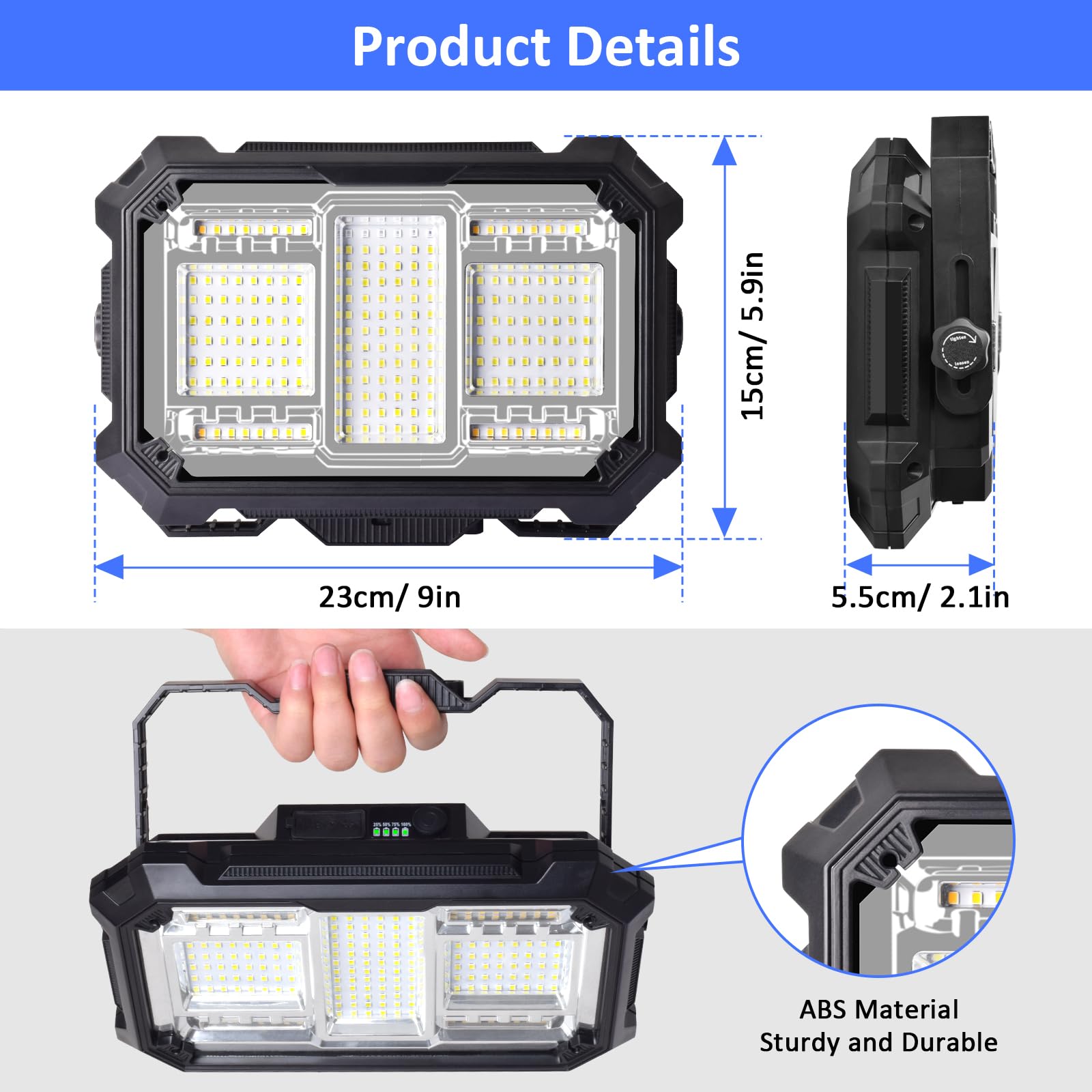 MASMEJOR Projecteur LED Rechargeable, 10000mAh, 8000LM, Base Magnétique | 80W, 206 LEDs, 5 Modes d'éclairage, Sortie USB, IP53, Portable pour Camping, Pêche, Chantier, Garage, Urgences